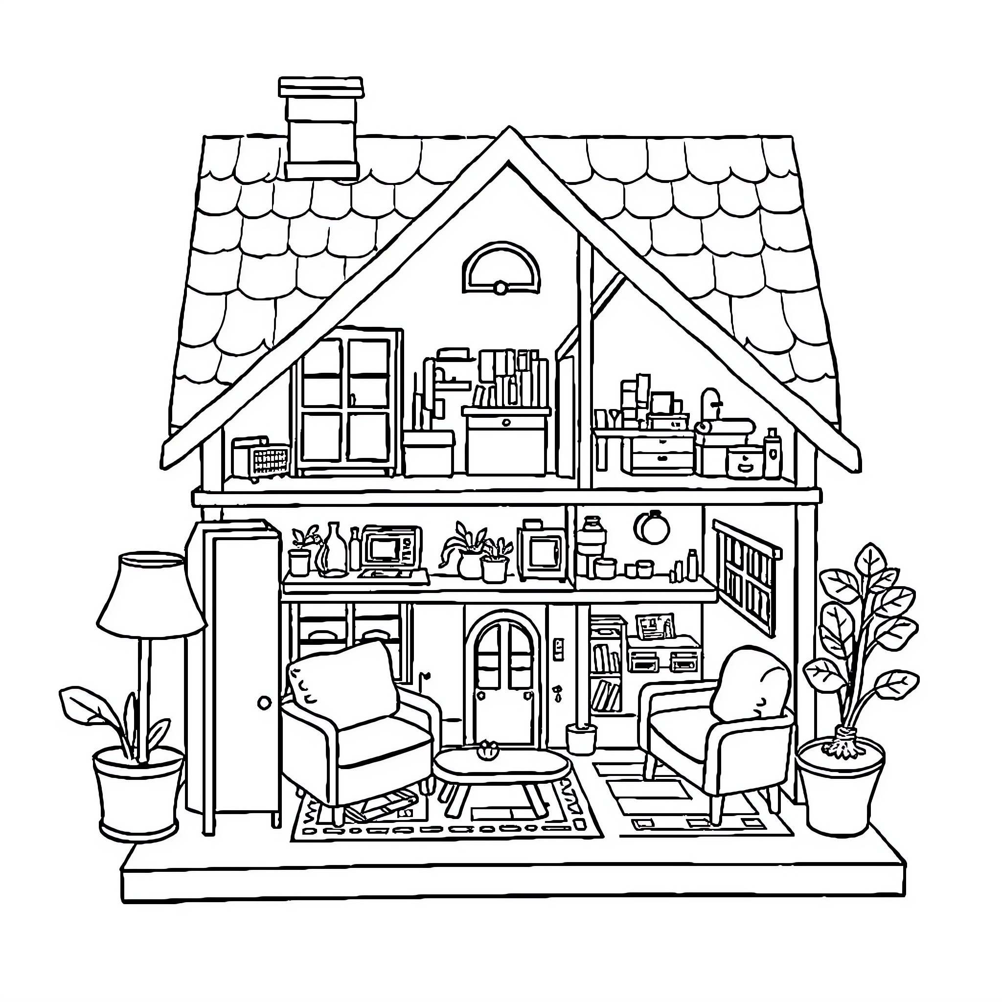 Dollhouse with cozy furnishings and decor Coloring Page (free black-and-white line drawing printable PDF for all, from beginners to advanced learners, including children, teens, adults, and seniors)