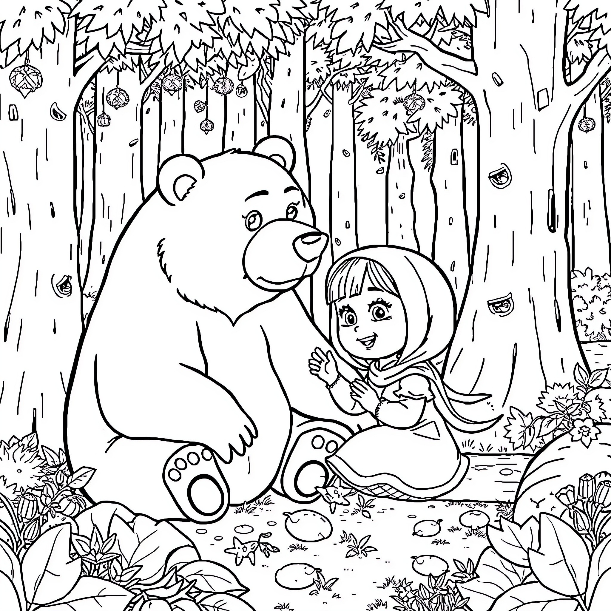 Masha and Bear enjoying a stroll in the enchanted forest Coloring Page (free black-and-white line drawing printable PDF for all, from beginners to advanced learners, including children, teens, adults, and seniors)