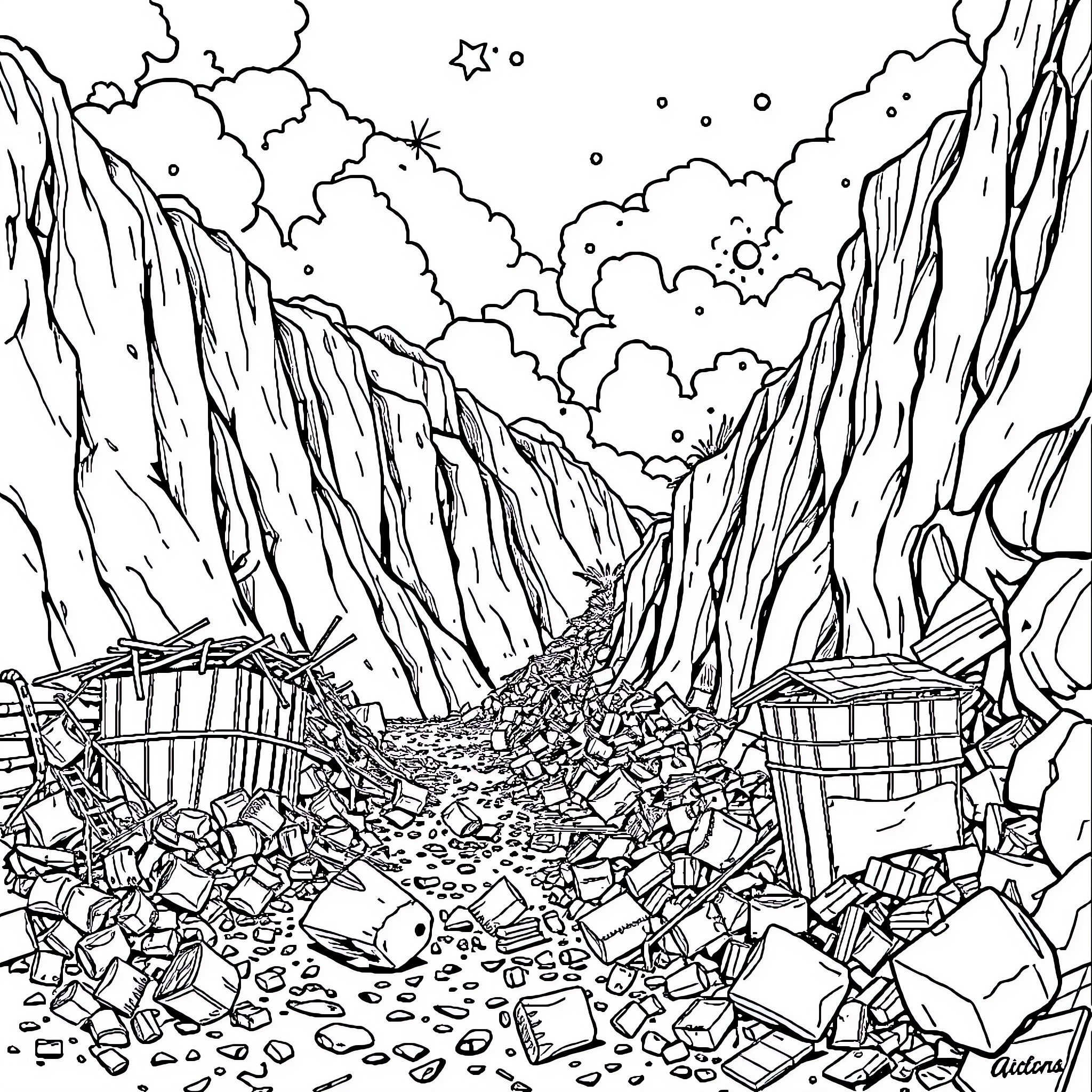 Valley of Ruined Baskets and Debris Coloring Page (free black-and-white line drawing printable PDF for all, from beginners to advanced learners, including children, teens, adults, and seniors)