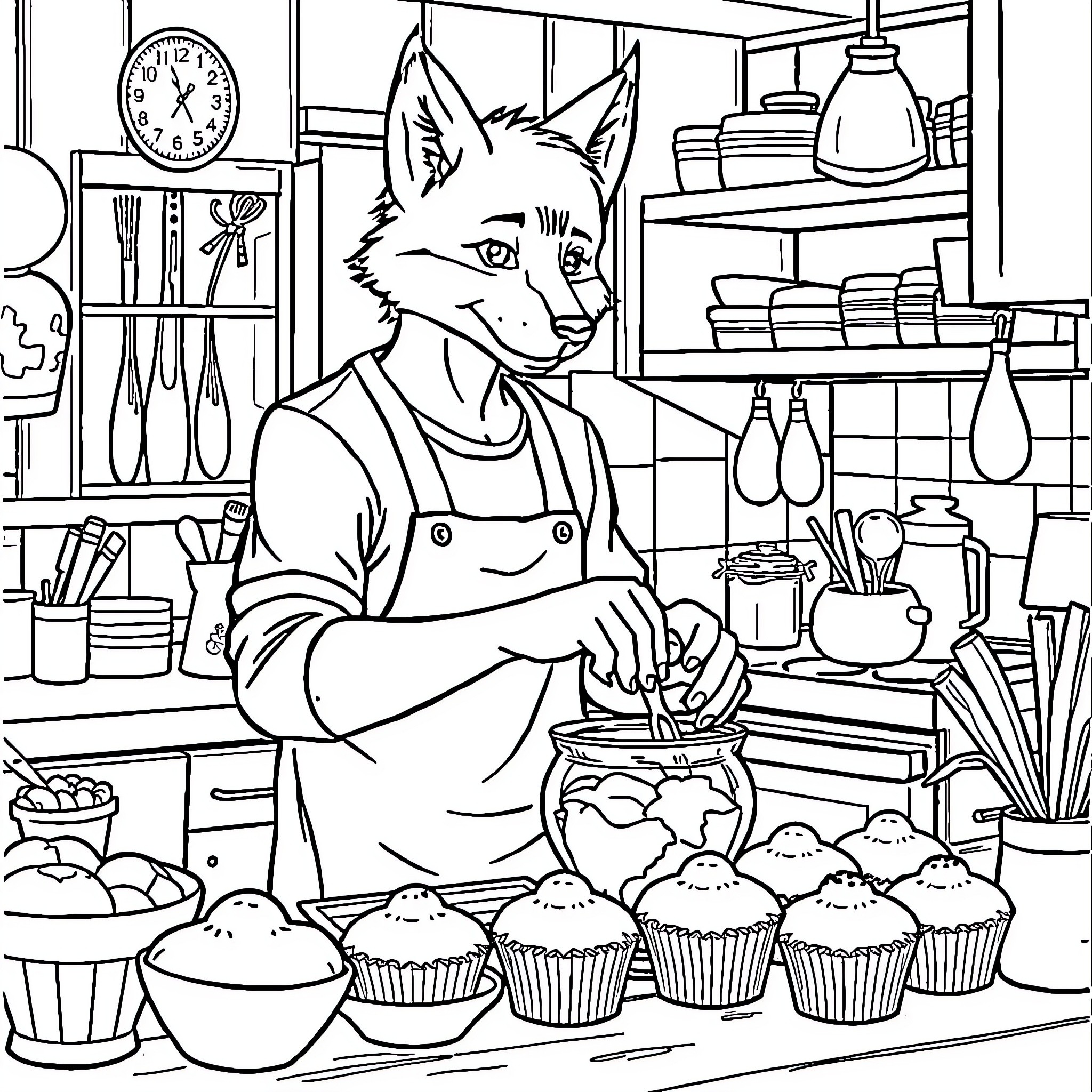 Terry Fox baking cupcakes in a busy kitchen Coloring Page (free black-and-white line drawing printable PDF for all, from beginners to advanced learners, including children, teens, adults, and seniors)