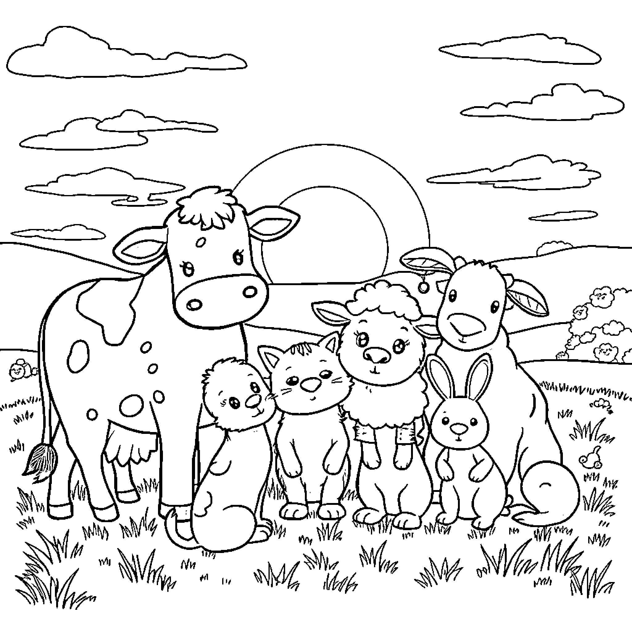 Cow and other farm animals in a pastoral scene Coloring Page (free black-and-white line drawing printable PDF for all, from beginners to advanced learners, including children, teens, adults, and seniors)
