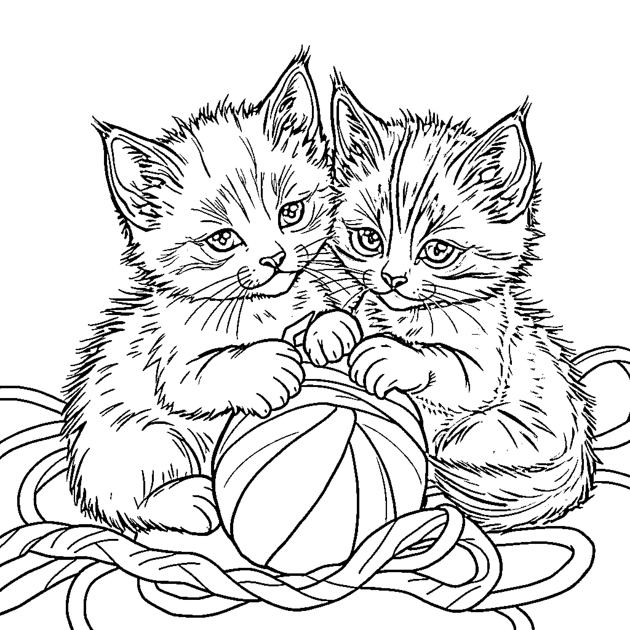 Kittens playing with tangled yarn Coloring Page (free black-and-white line drawing printable PDF for all, from beginners to advanced learners, including children, teens, adults, and seniors)
