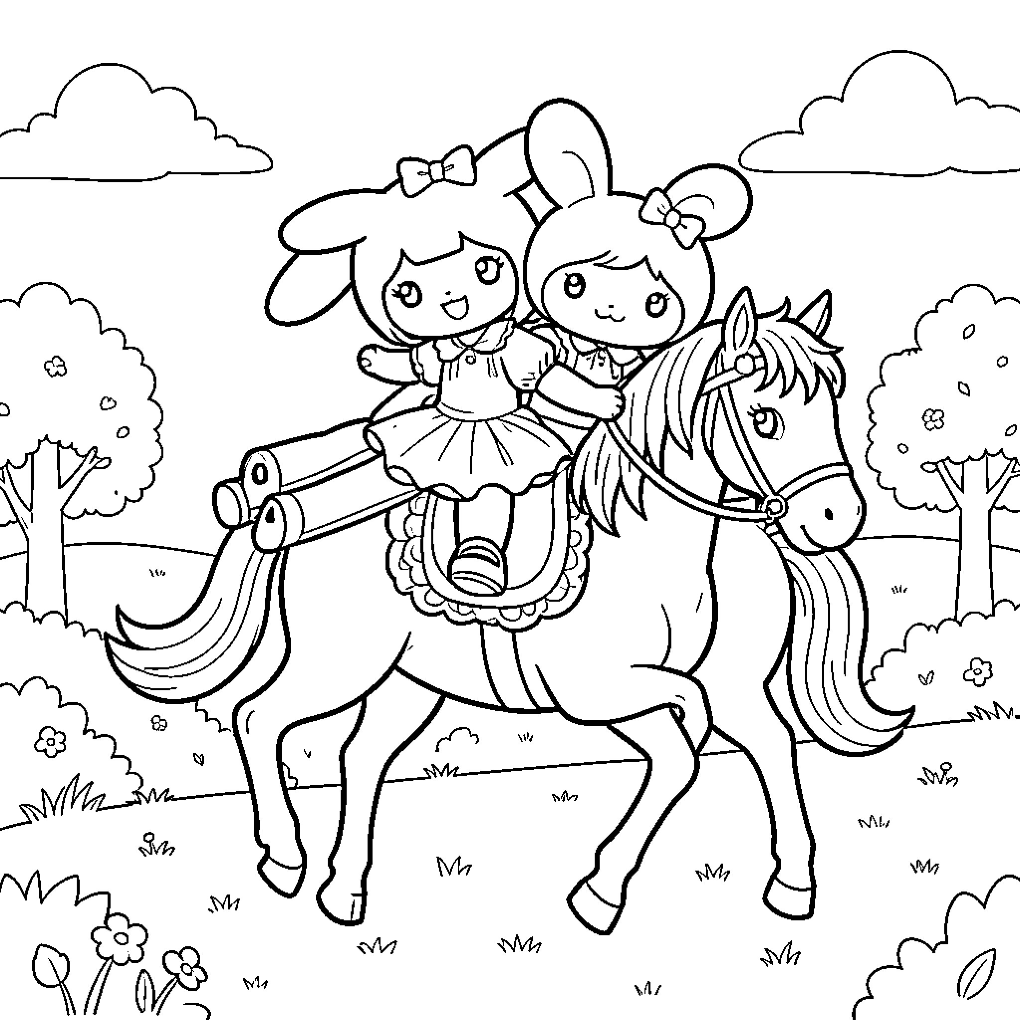 My Melody riding a horse in a field Coloring Page (free black-and-white line drawing printable PDF for all, from beginners to advanced learners, including children, teens, adults, and seniors)