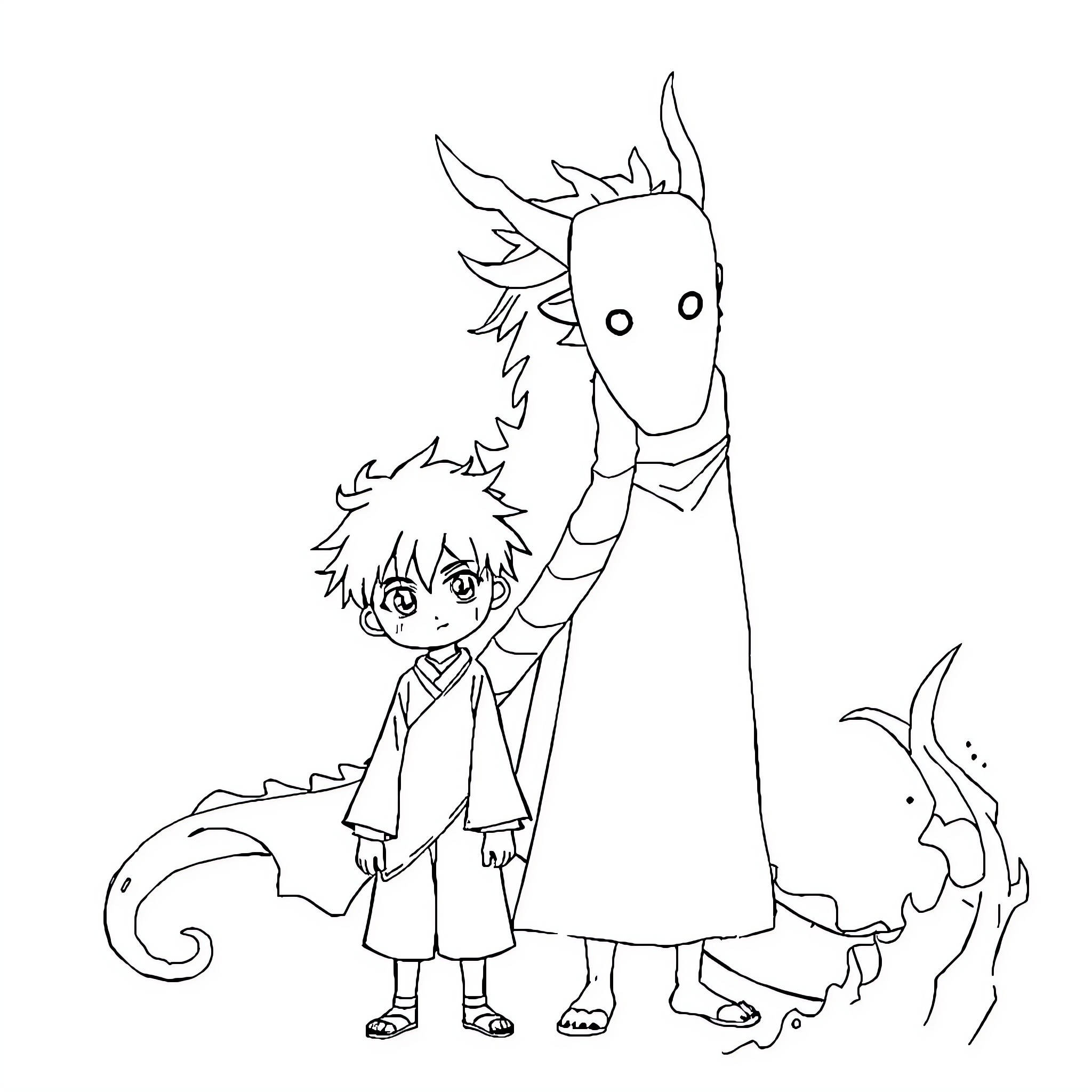 Haku and the Mysterious Dragon Spirit Coloring Page (free black-and-white line drawing printable PDF for all, from beginners to advanced learners, including children, teens, adults, and seniors)