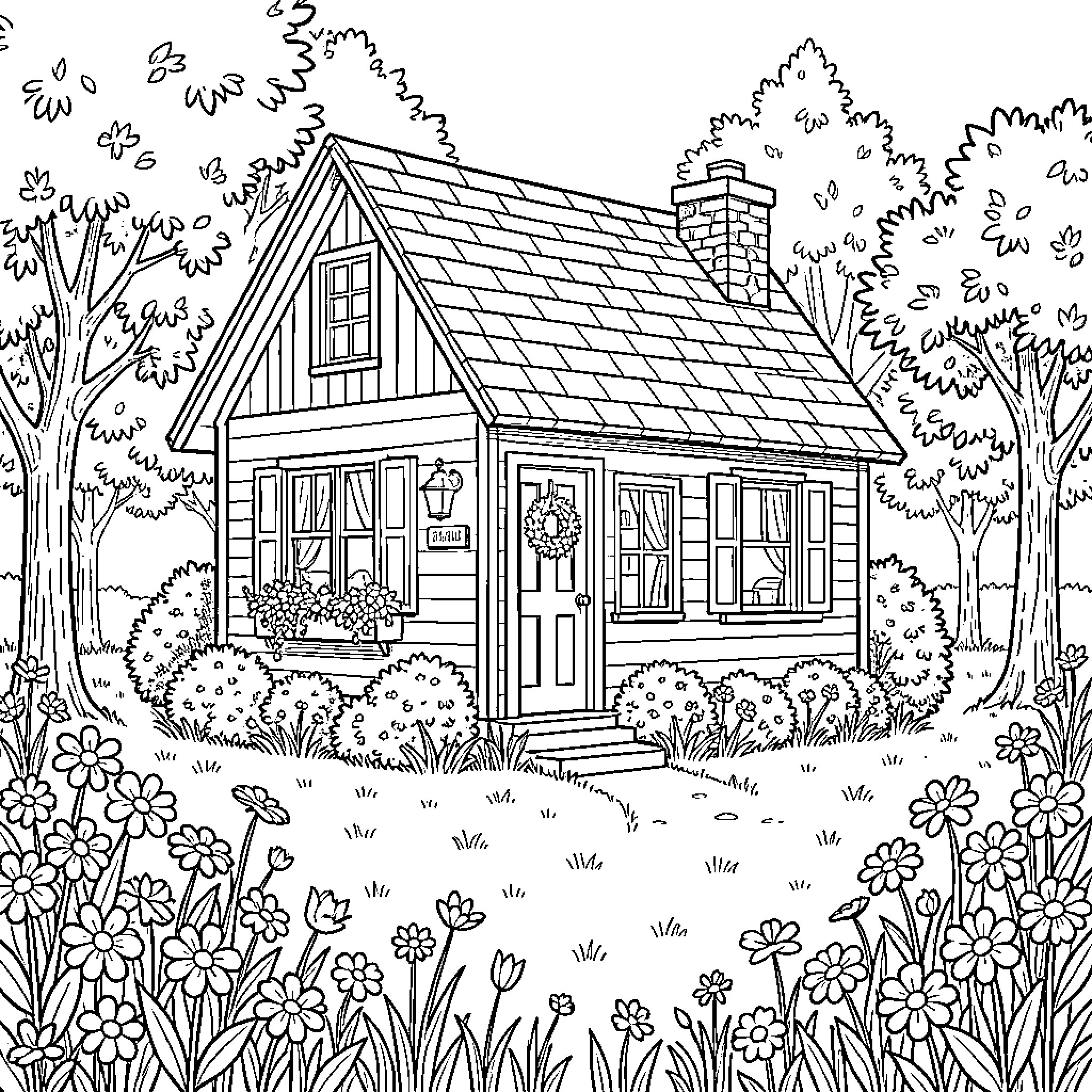 Cottage in the Flower Garden Coloring Page (free black-and-white line drawing printable PDF for all, from beginners to advanced learners, including children, teens, adults, and seniors)