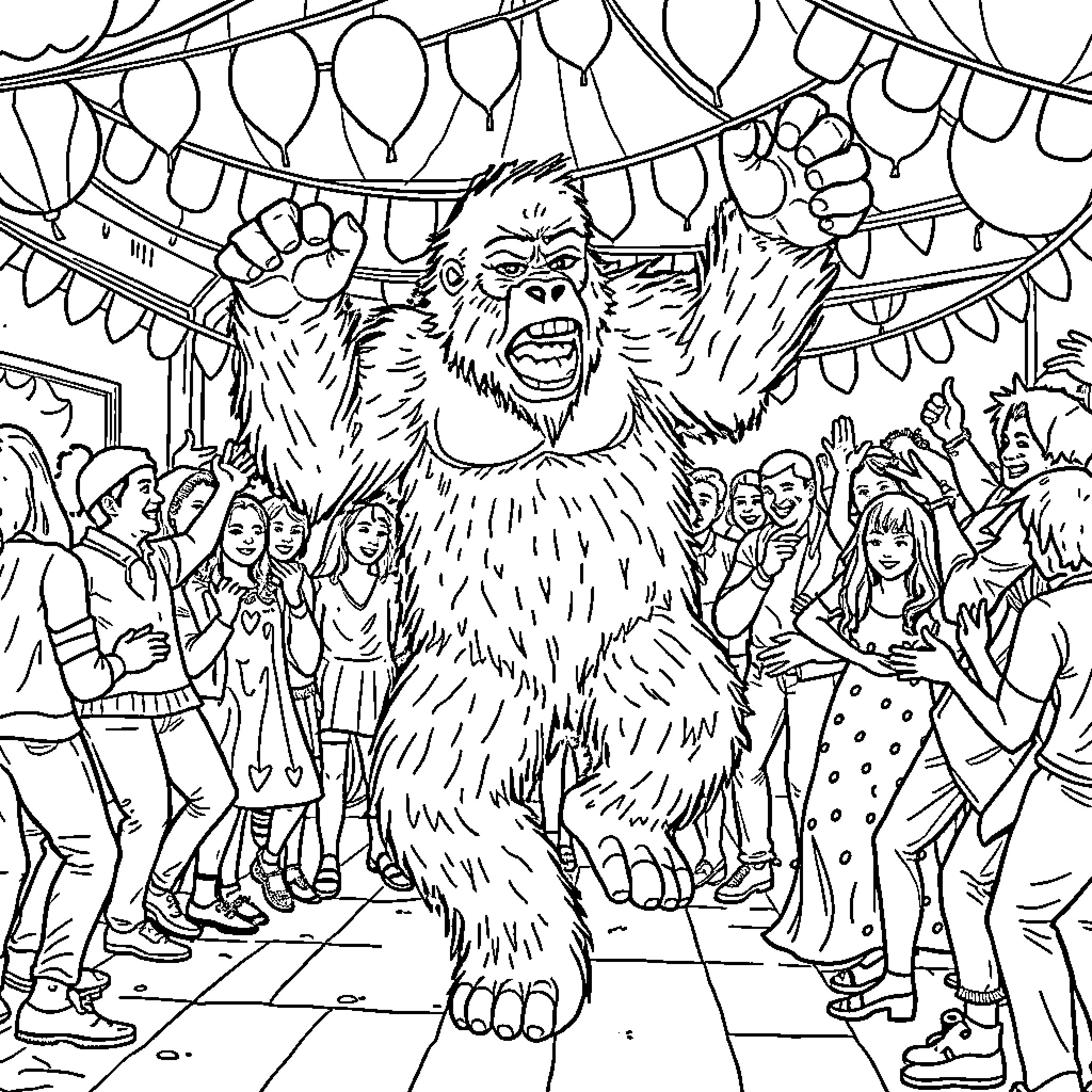 Bigfoot Surprising a Crowd at a Carnival Coloring Page (free black-and-white line drawing printable PDF for all, from beginners to advanced learners, including children, teens, adults, and seniors)