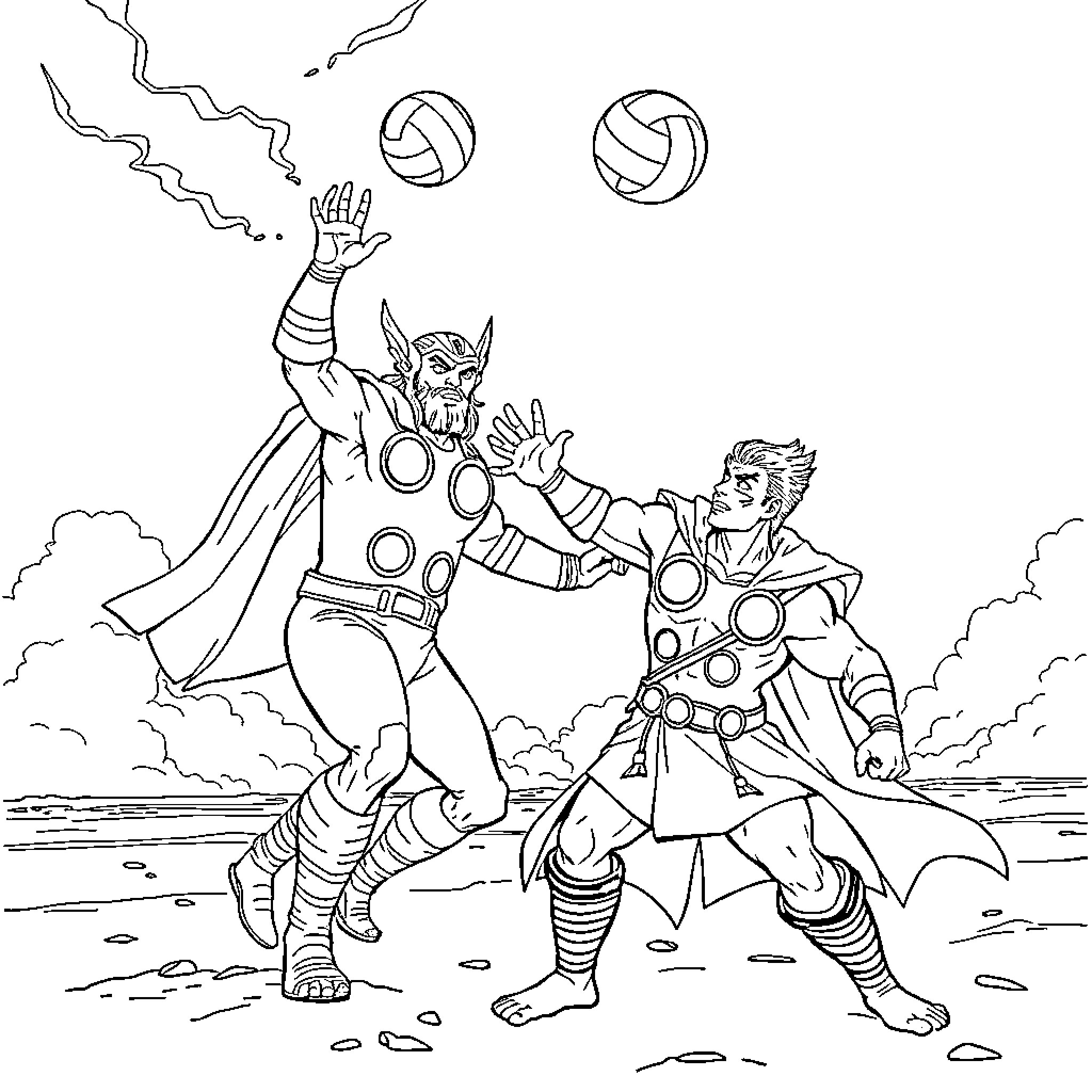 Thor's Heroic Battle in the Clouds Coloring Page (free black-and-white line drawing printable PDF for all, from beginners to advanced learners, including children, teens, adults, and seniors)