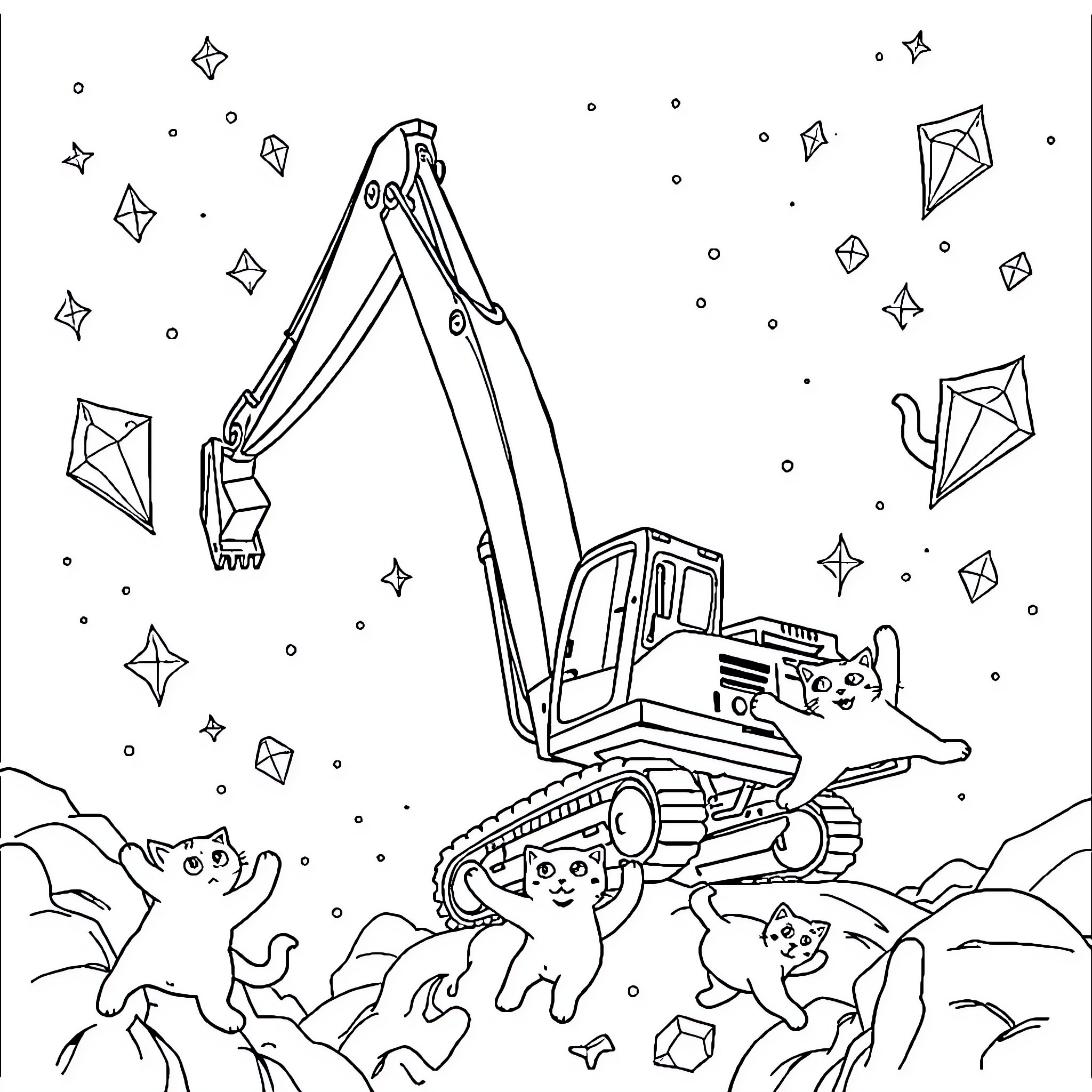 Excavator at work with playful kittens in the landscape Coloring Page (free black-and-white line drawing printable PDF for all, from beginners to advanced learners, including children, teens, adults, and seniors)
