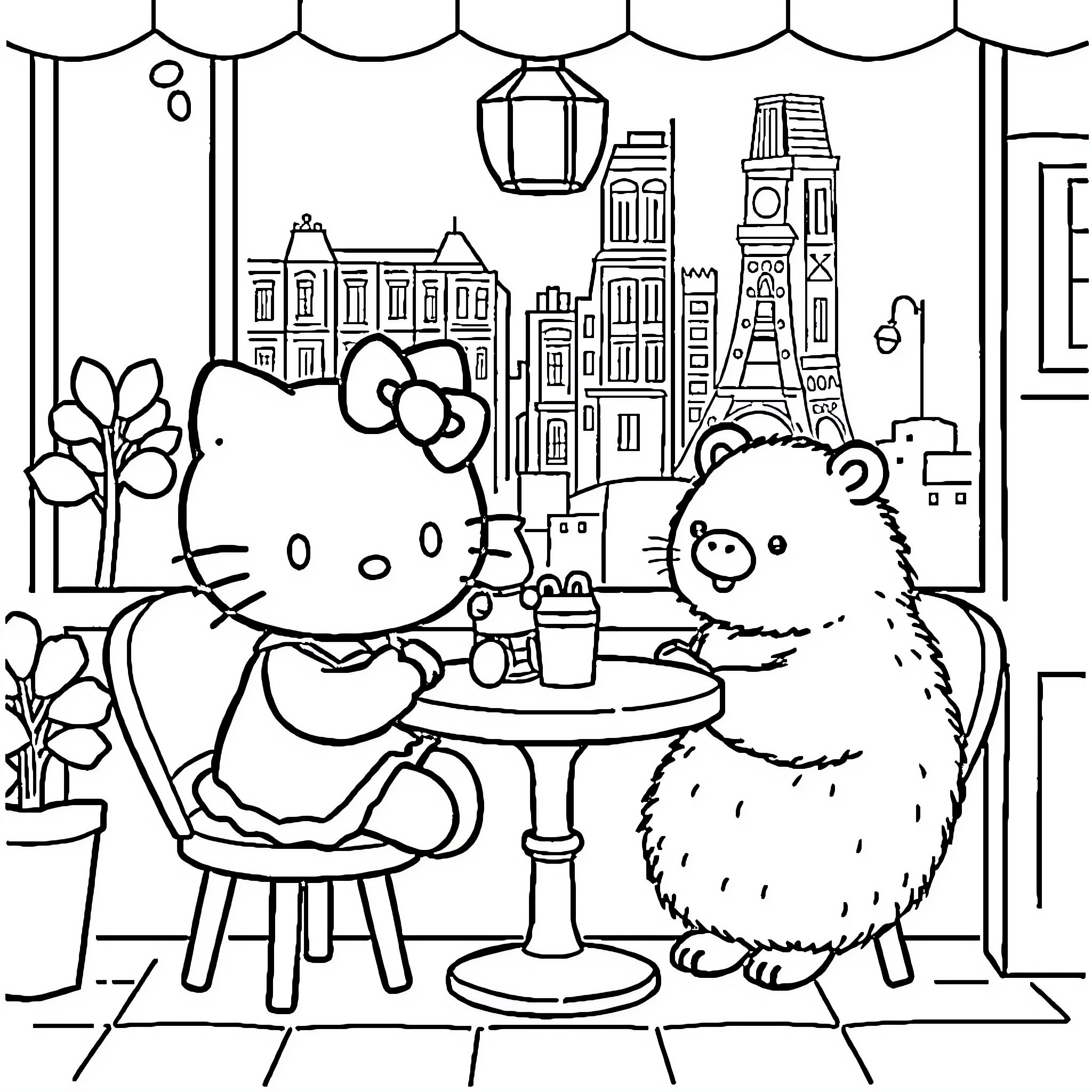 Hello Kitty and Furry Friend Enjoying Paris Cafe Coloring Page (free black-and-white line drawing printable PDF for all, from beginners to advanced learners, including children, teens, adults, and seniors)