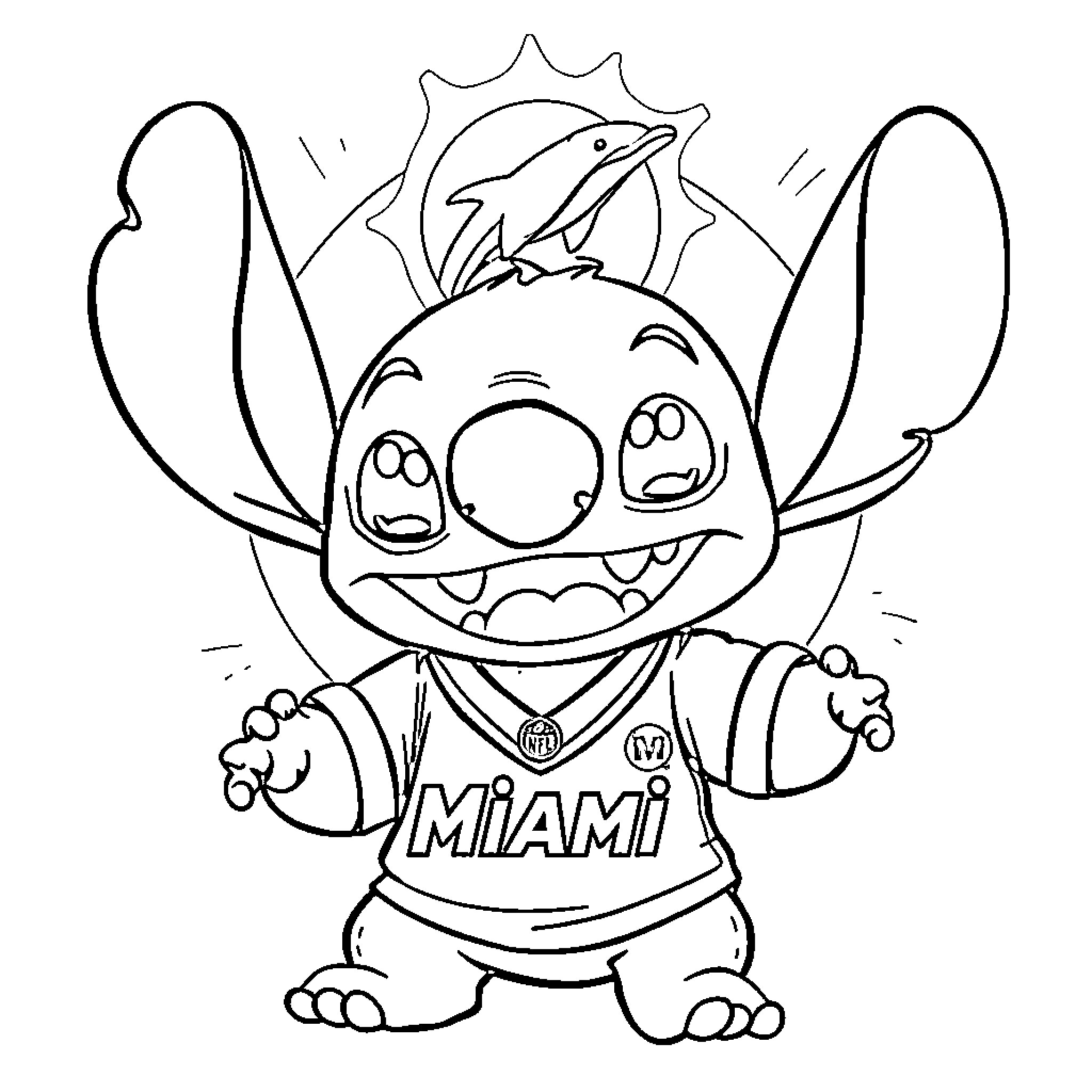 Stitch wearing a Miami jersey and cheering excitedly Coloring Page (free black-and-white line drawing printable PDF for all, from beginners to advanced learners, including children, teens, adults, and seniors)