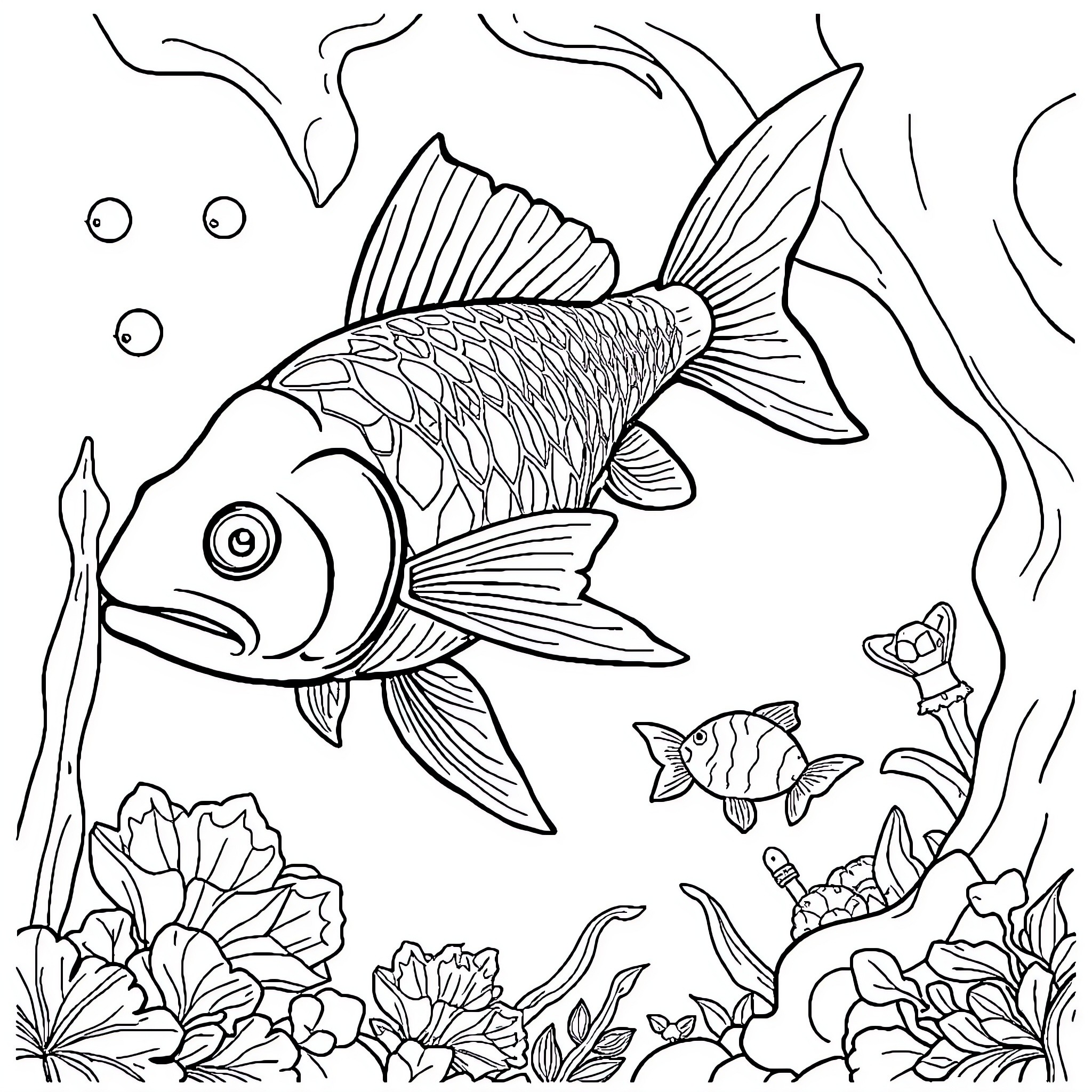 Fish and Turtle swimming in the underwater garden Coloring Page (free black-and-white line drawing printable PDF for all, from beginners to advanced learners, including children, teens, adults, and seniors)