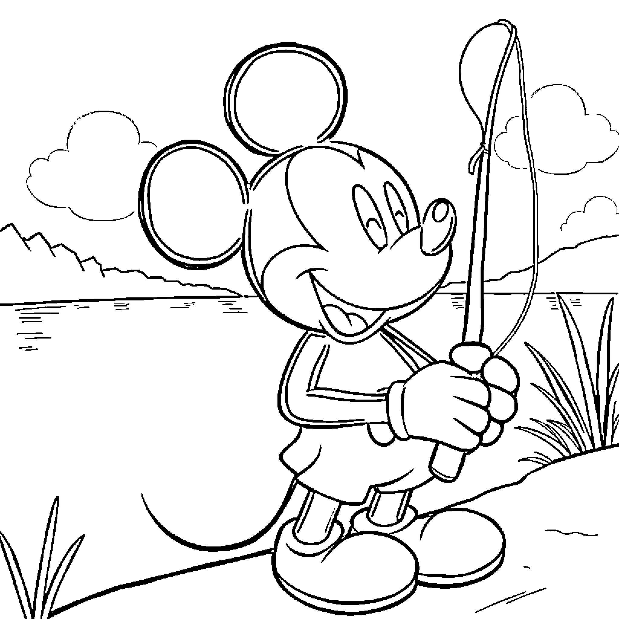 Mickey Mouse fishing by the lake Coloring Page (free black-and-white line drawing printable PDF for all, from beginners to advanced learners, including children, teens, adults, and seniors)