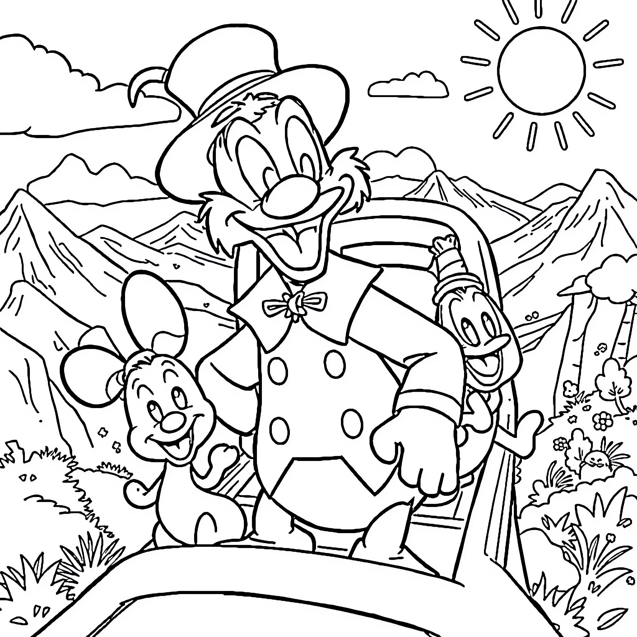 Uncle Scrooge's Outdoor Adventure with Friends Coloring Page (free black-and-white line drawing printable PDF for all, from beginners to advanced learners, including children, teens, adults, and seniors)