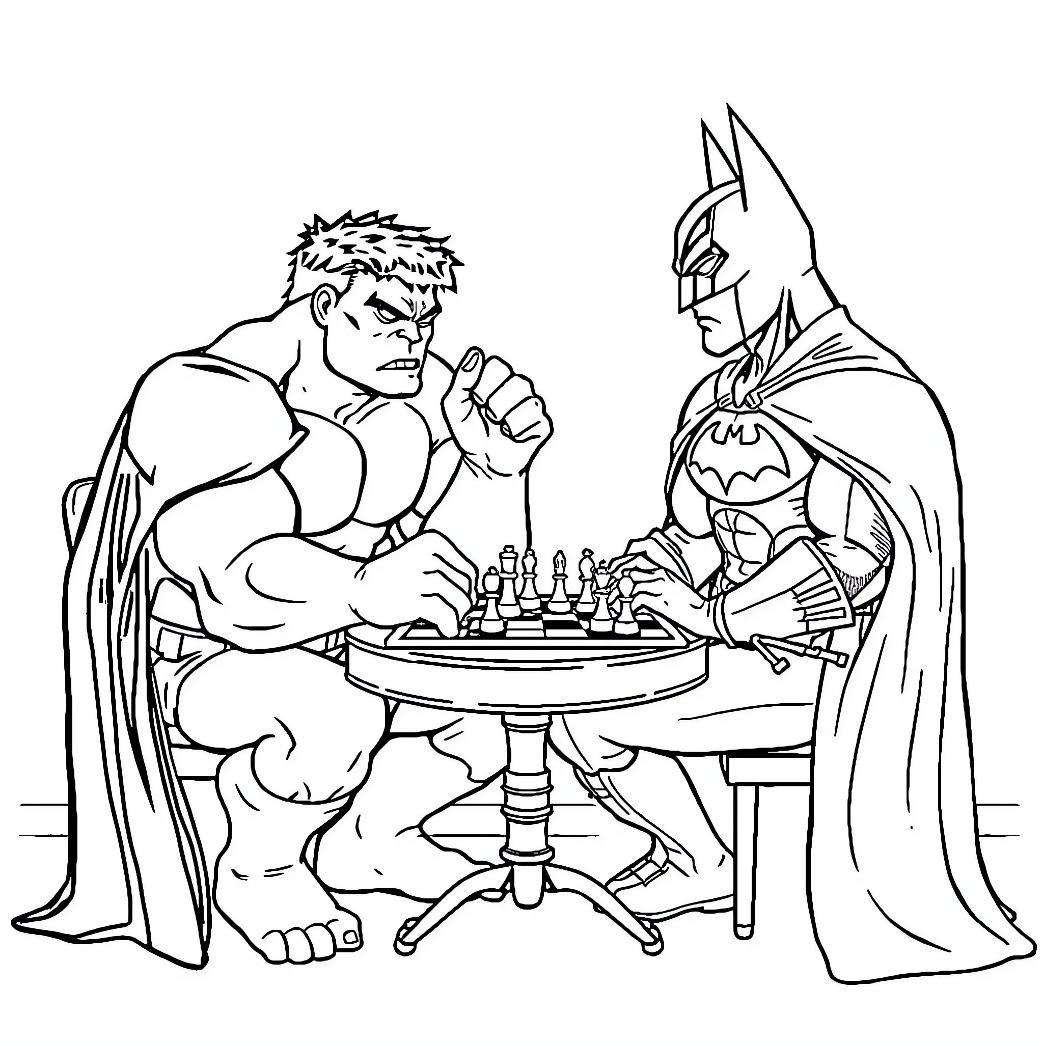 Hulk Challenging Batman to a Chess Match Coloring Page (free black-and-white line drawing printable PDF for all, from beginners to advanced learners, including children, teens, adults, and seniors)