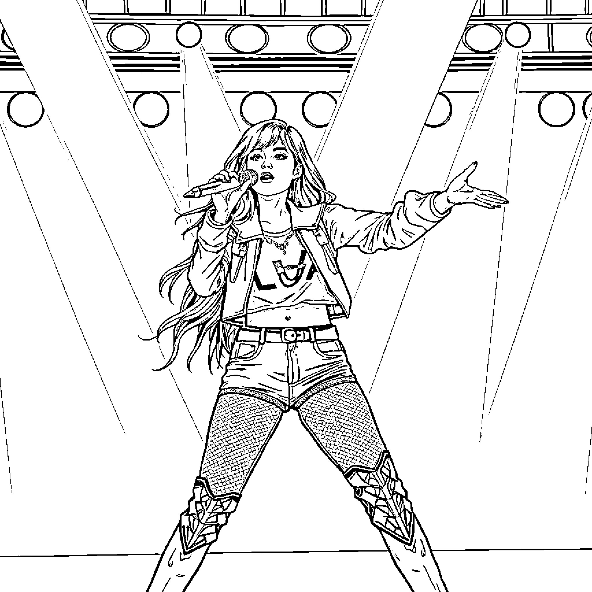 Guerrera Performing Fiercely on Stage Coloring Page (free black-and-white line drawing printable PDF for all, from beginners to advanced learners, including children, teens, adults, and seniors)