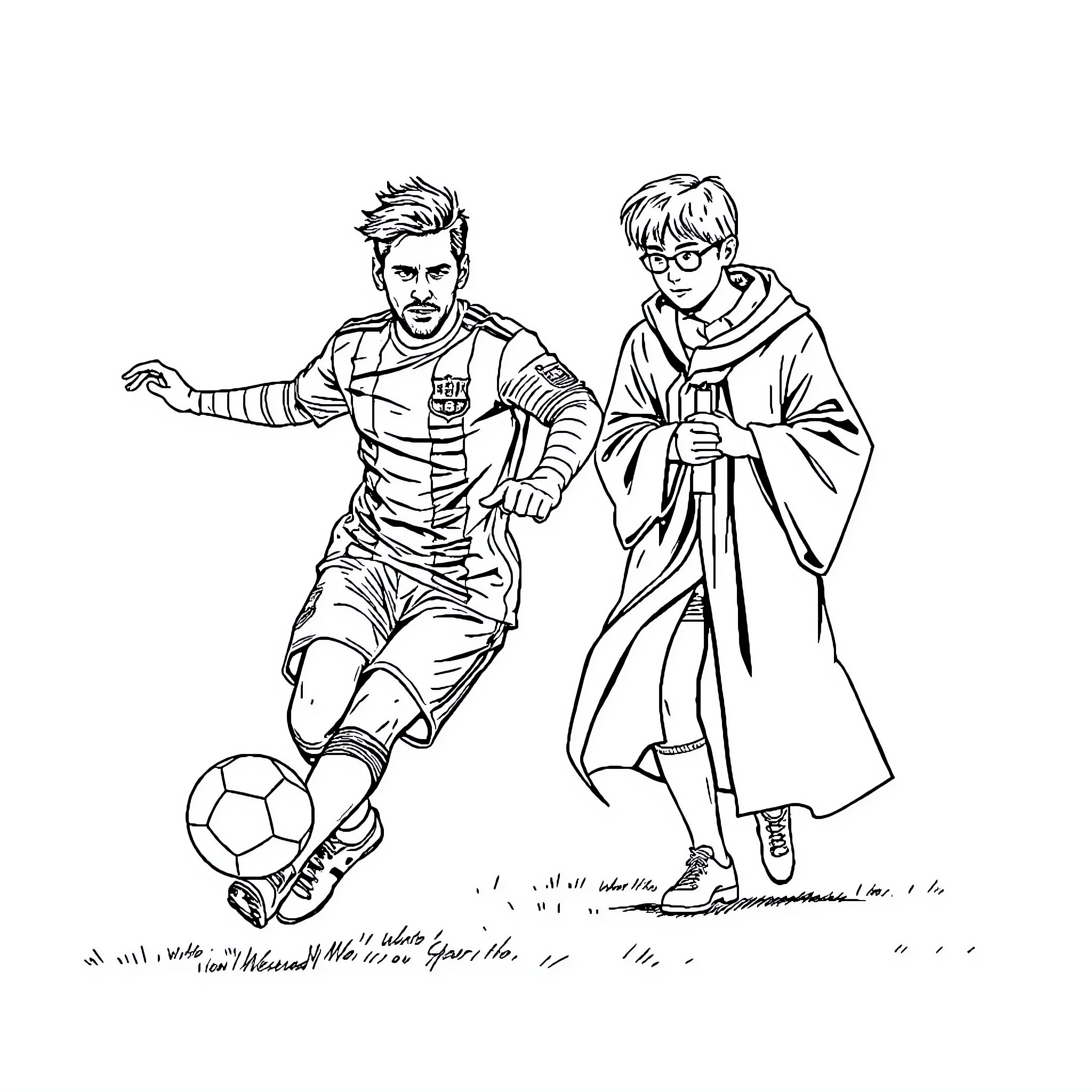 Messi playing soccer with a friend Coloring Page (free black-and-white line drawing printable PDF for all, from beginners to advanced learners, including children, teens, adults, and seniors)