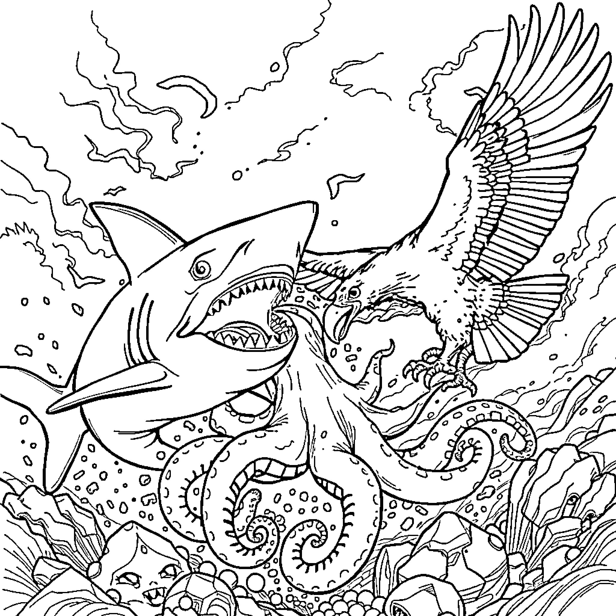Shark and majestic eagle swimming in the ocean Coloring Page (free black-and-white line drawing printable PDF for all, from beginners to advanced learners, including children, teens, adults, and seniors)