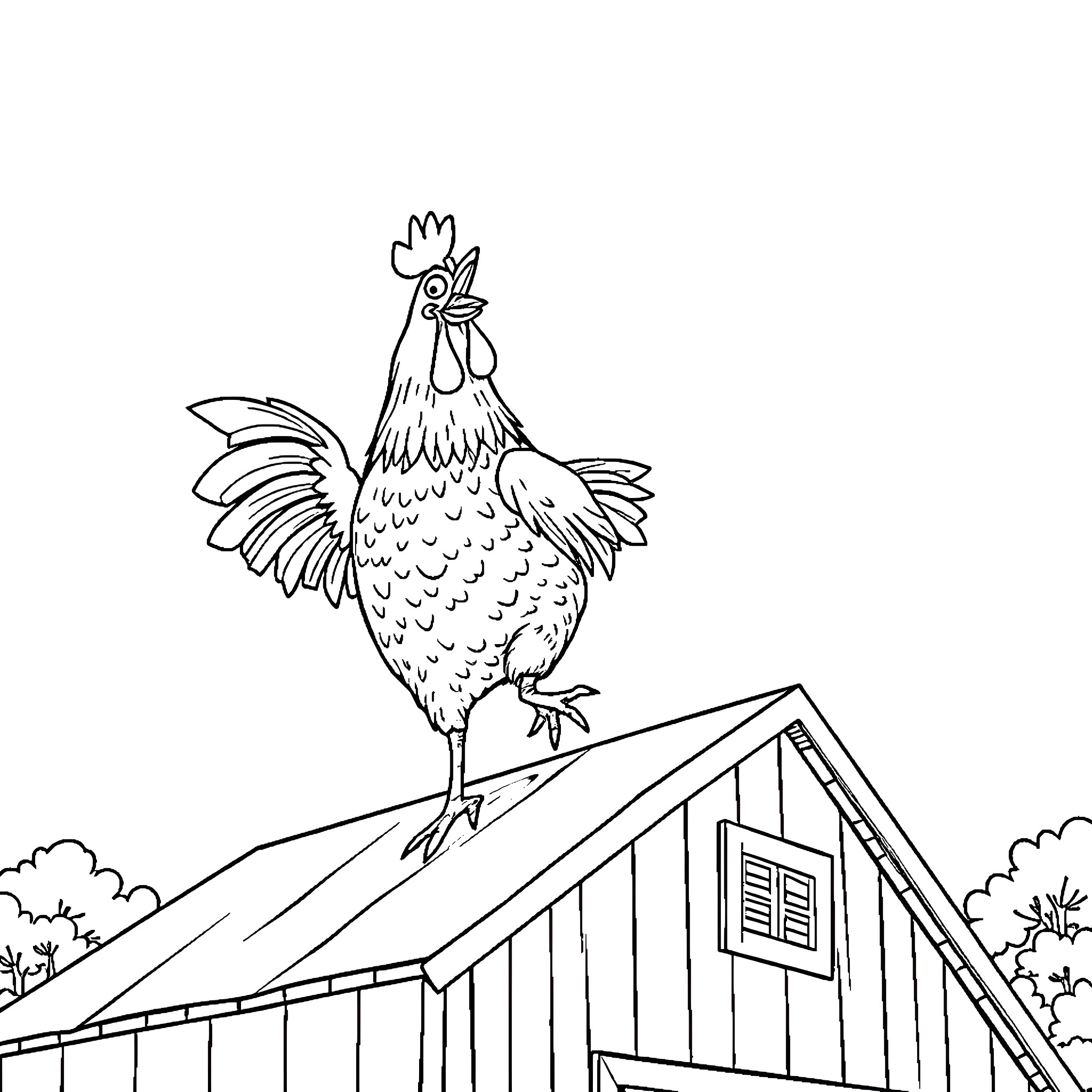 Chicken perched atop a rustic barn Coloring Page (free black-and-white line drawing printable PDF for all, from beginners to advanced learners, including children, teens, adults, and seniors)