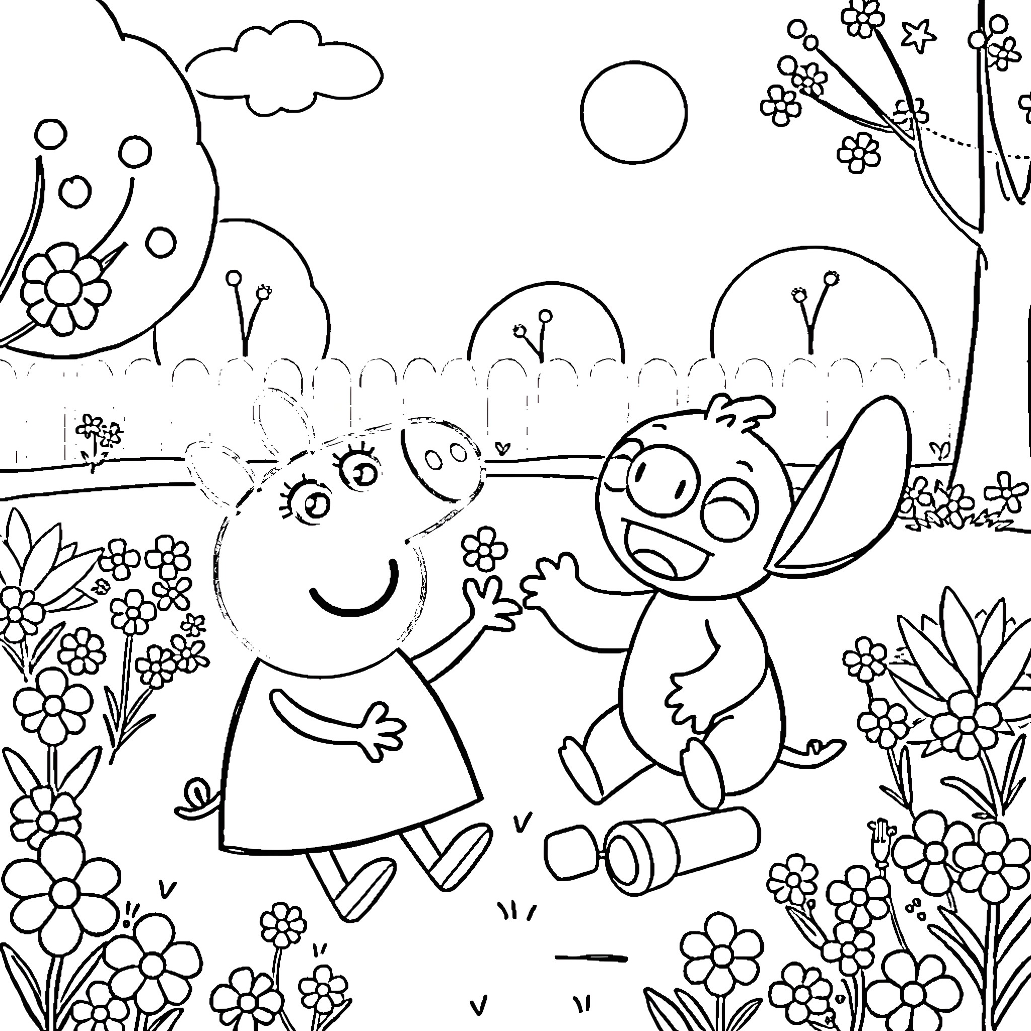 Peppa Pig and friends enjoying a sunny day outdoors Coloring Page (free black-and-white line drawing printable PDF for all, from beginners to advanced learners, including children, teens, adults, and seniors)