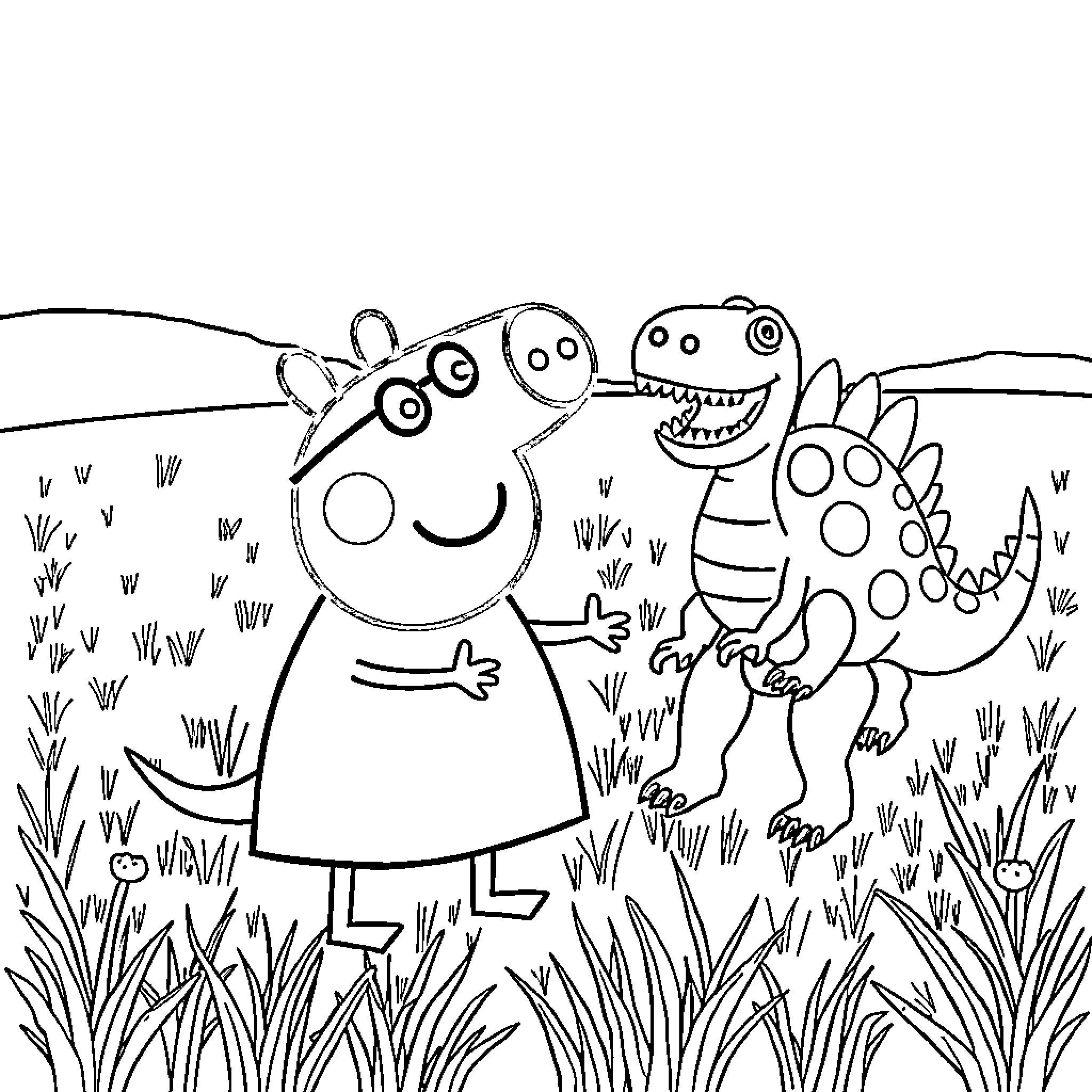 Peppa Pig playing with dinosaur friends in the field Coloring Page (free black-and-white line drawing printable PDF for all, from beginners to advanced learners, including children, teens, adults, and seniors)
