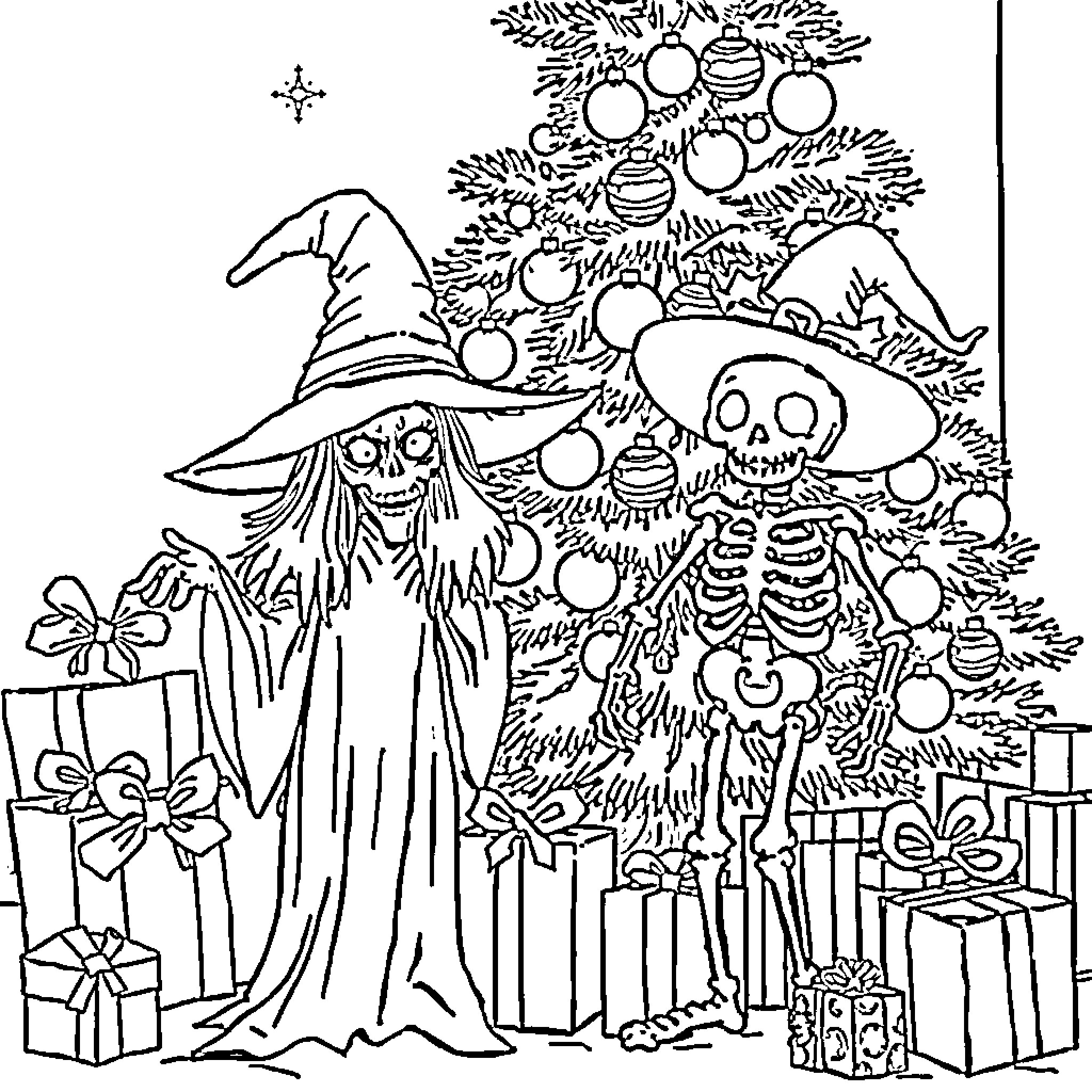 Witch and Skeleton Celebrating Festive Holiday Coloring Page (free black-and-white line drawing printable PDF for all, from beginners to advanced learners, including children, teens, adults, and seniors)