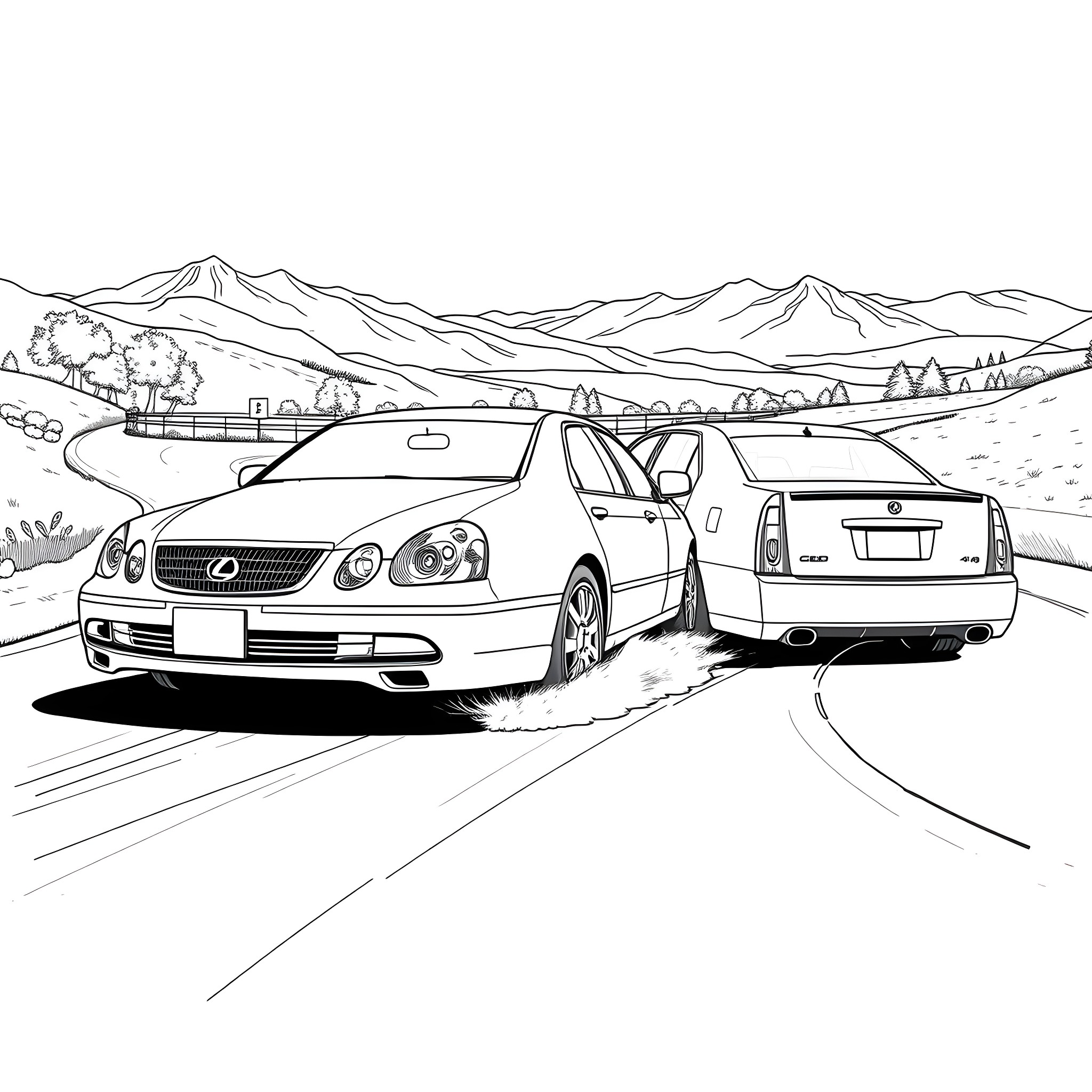 Cars driving on a mountain road Coloring Page (free black-and-white line drawing printable PDF for all, from beginners to advanced learners, including children, teens, adults, and seniors)