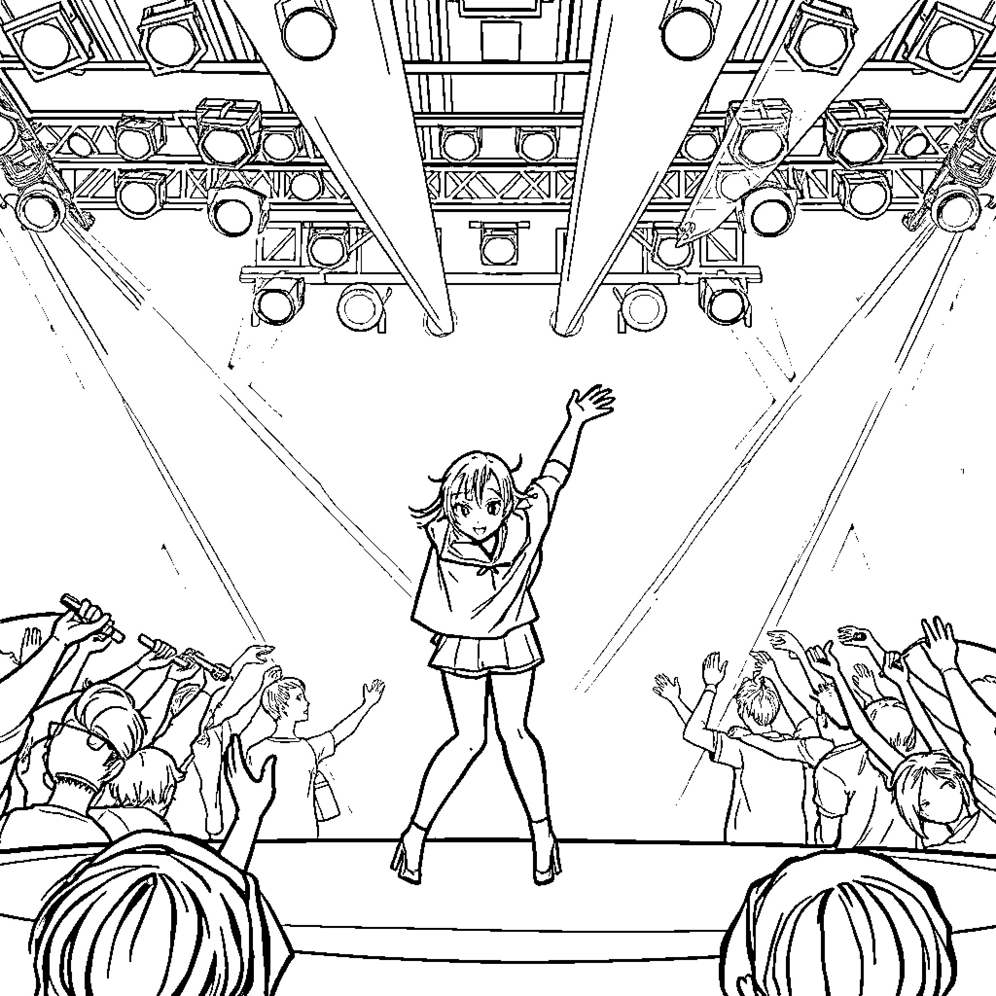 K-pop Idol performing on stage with excited audience Coloring Page (free black-and-white line drawing printable PDF for all, from beginners to advanced learners, including children, teens, adults, and seniors)