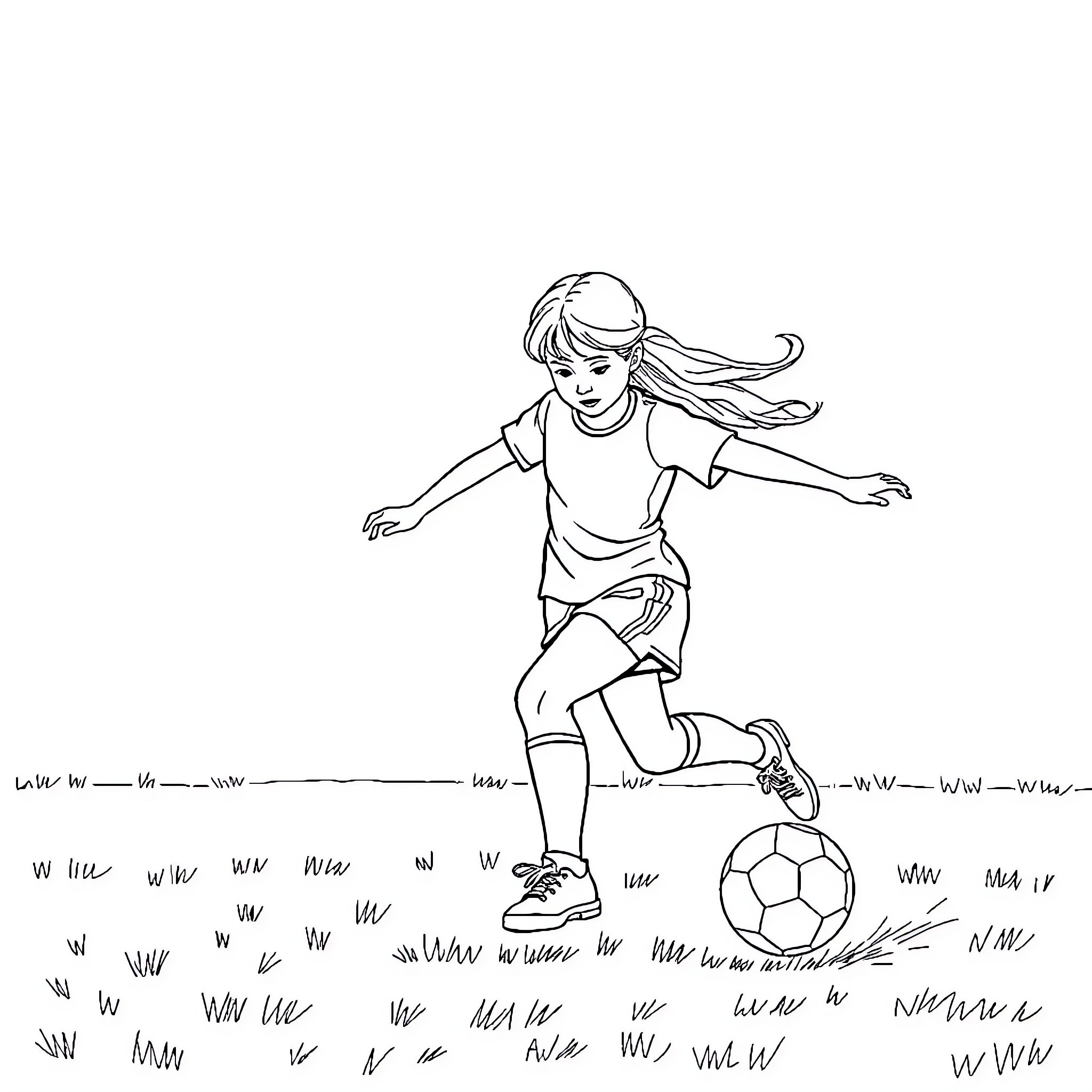 Girl playing soccer on a grassy field Coloring Page (free black-and-white line drawing printable PDF for all, from beginners to advanced learners, including children, teens, adults, and seniors)