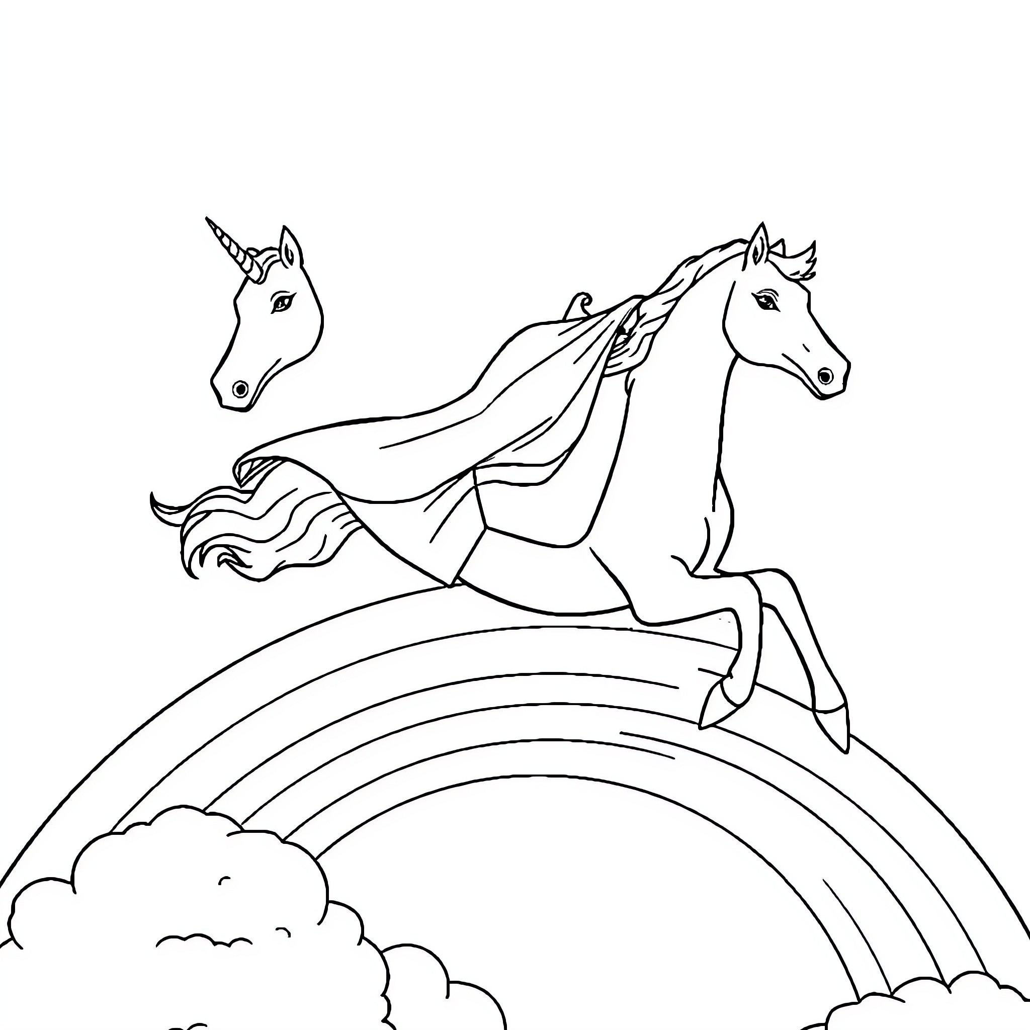 Elsa's Unicorn Escapade on the Rainbow Coloring Page (free black-and-white line drawing printable PDF for all, from beginners to advanced learners, including children, teens, adults, and seniors)