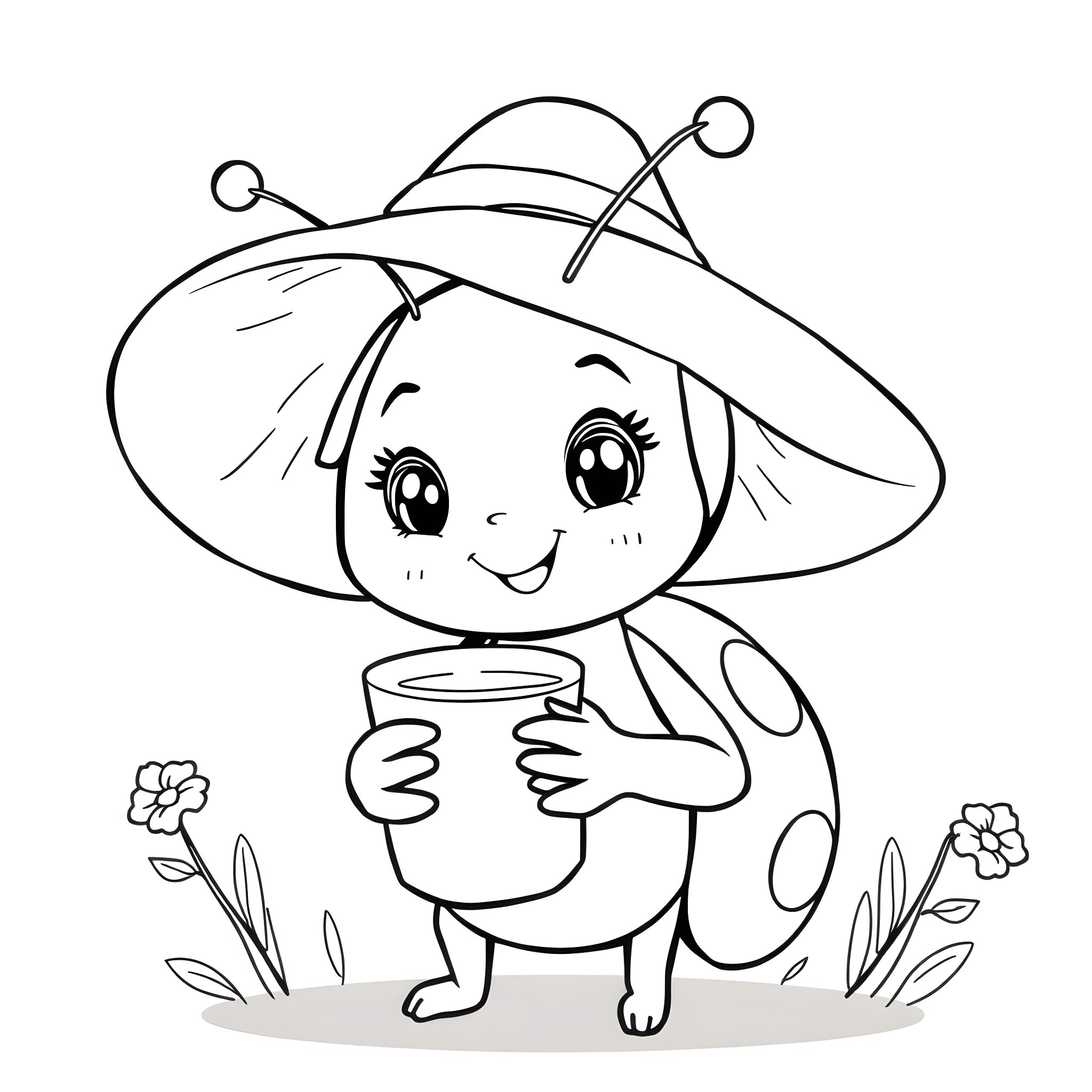 Ladybug drinking tea in the garden Coloring Page (free black-and-white line drawing printable PDF for all, from beginners to advanced learners, including children, teens, adults, and seniors)