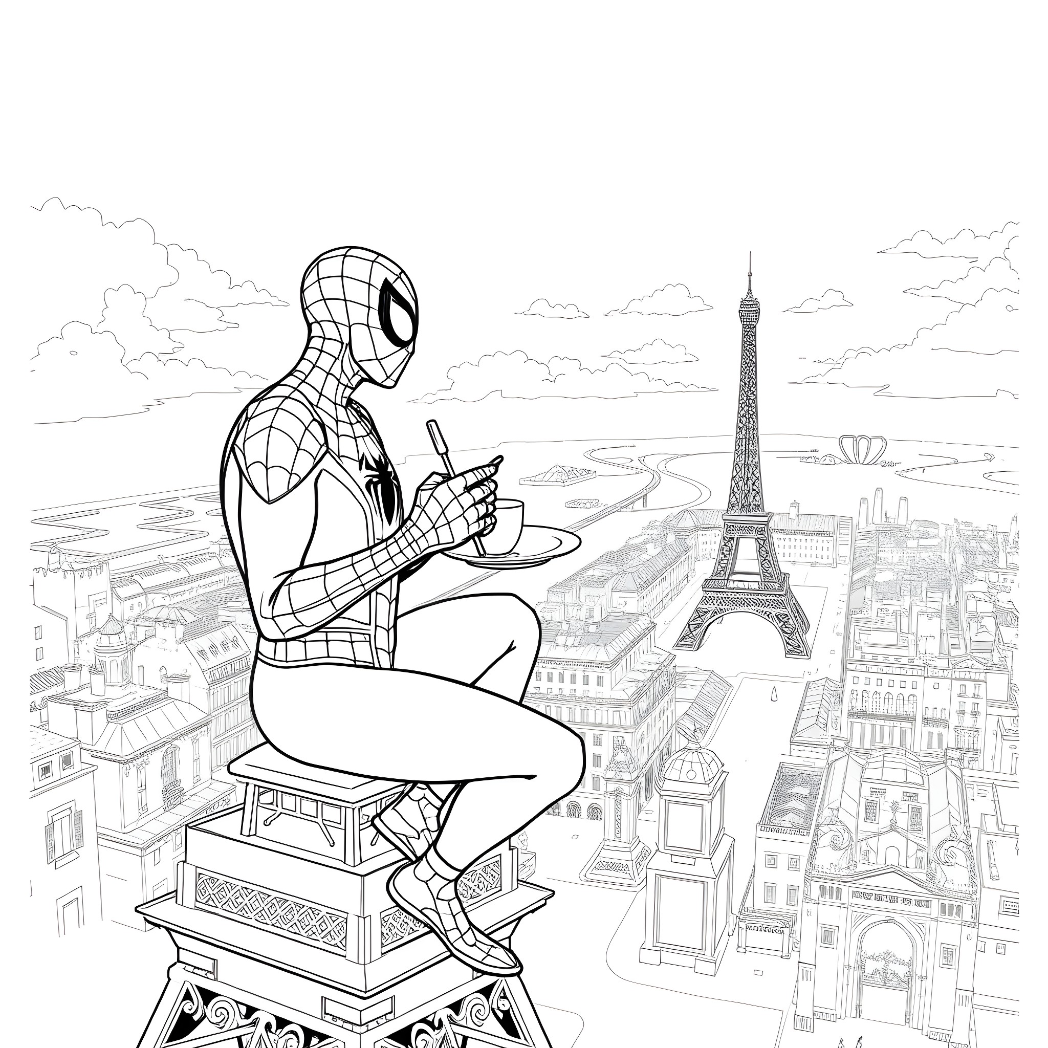 Spiderman enjoys the view from a Paris rooftop Coloring Page (free black-and-white line drawing printable PDF for all, from beginners to advanced learners, including children, teens, adults, and seniors)