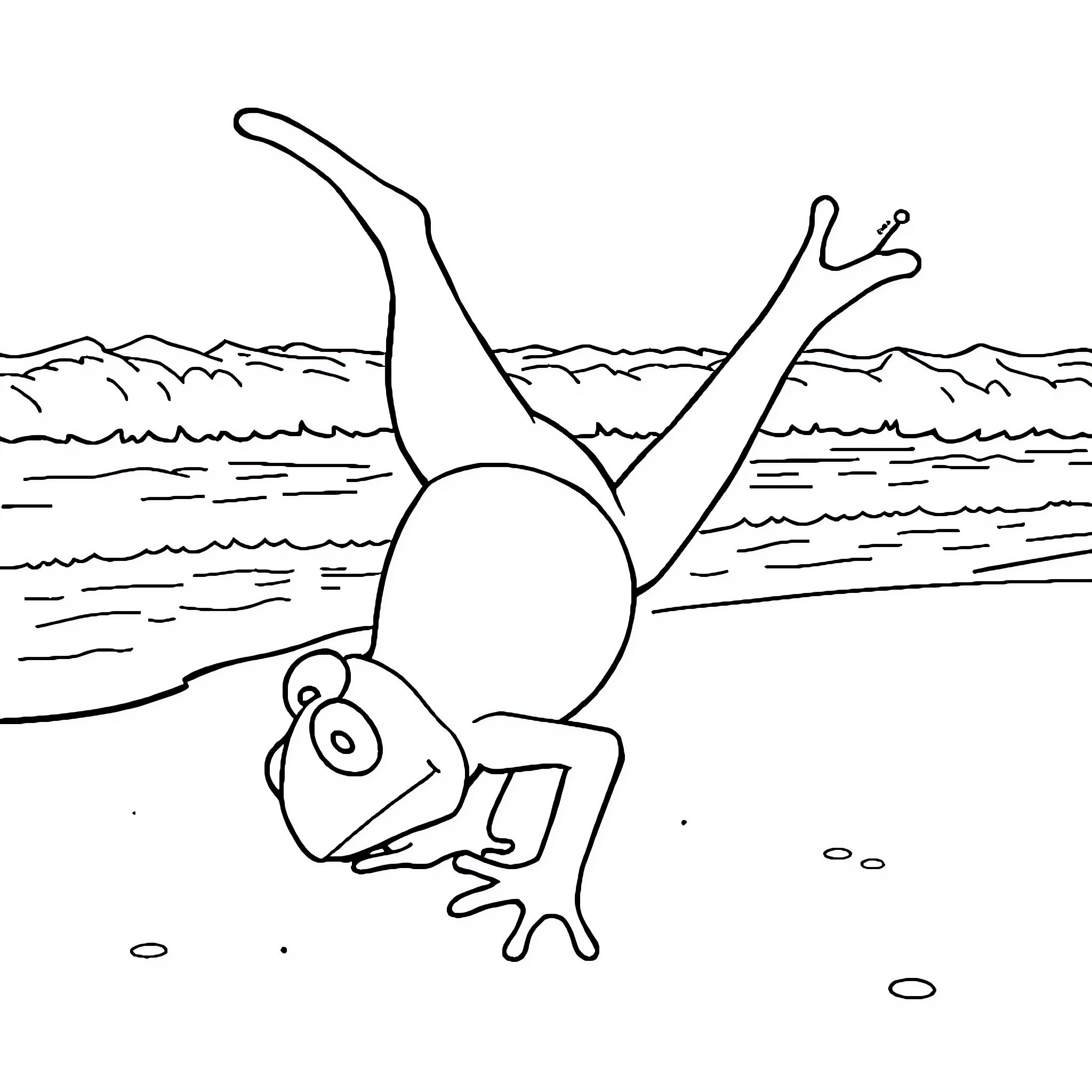 Kermit frolicking in the waves Coloring Page (free black-and-white line drawing printable PDF for all, from beginners to advanced learners, including children, teens, adults, and seniors)