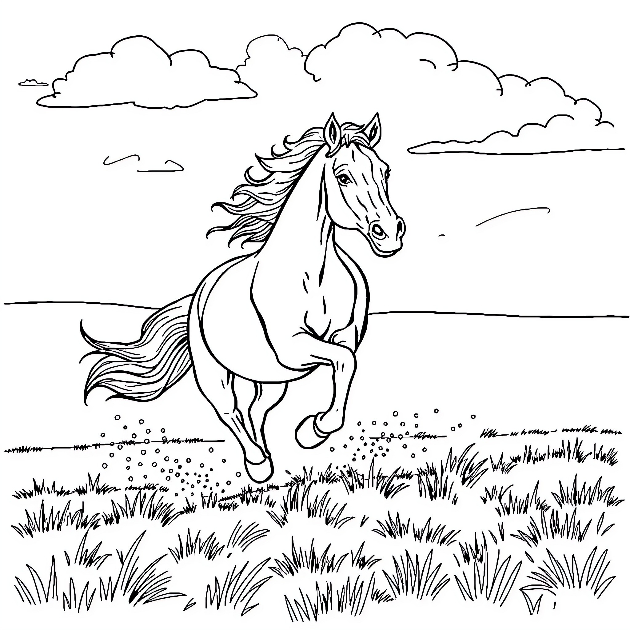 Horse running freely in the meadow Coloring Page (free black-and-white line drawing printable PDF for all, from beginners to advanced learners, including children, teens, adults, and seniors)