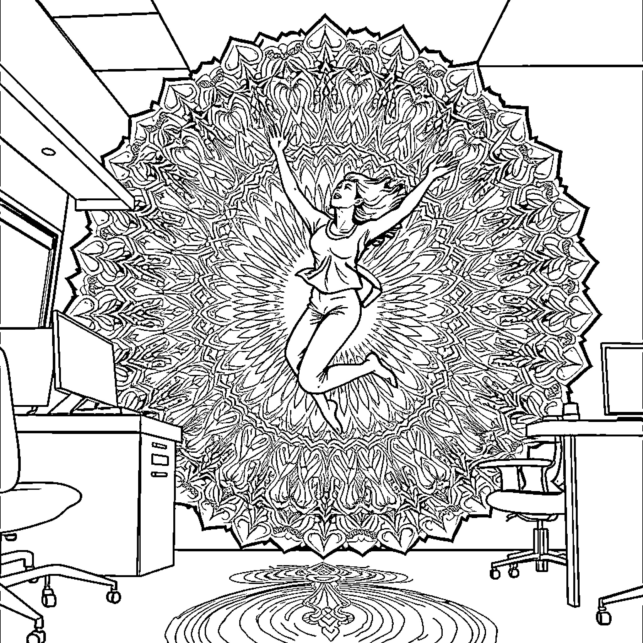 Woman performing artistic dance in ornate mandala setting Coloring Page (free black-and-white line drawing printable PDF for all, from beginners to advanced learners, including children, teens, adults, and seniors)