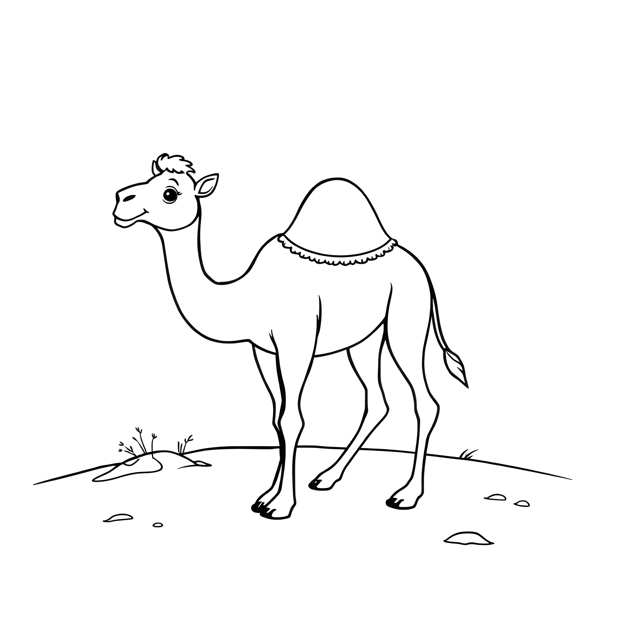 Camel standing in the desert Coloring Page (free black-and-white line drawing printable PDF for all, from beginners to advanced learners, including children, teens, adults, and seniors)