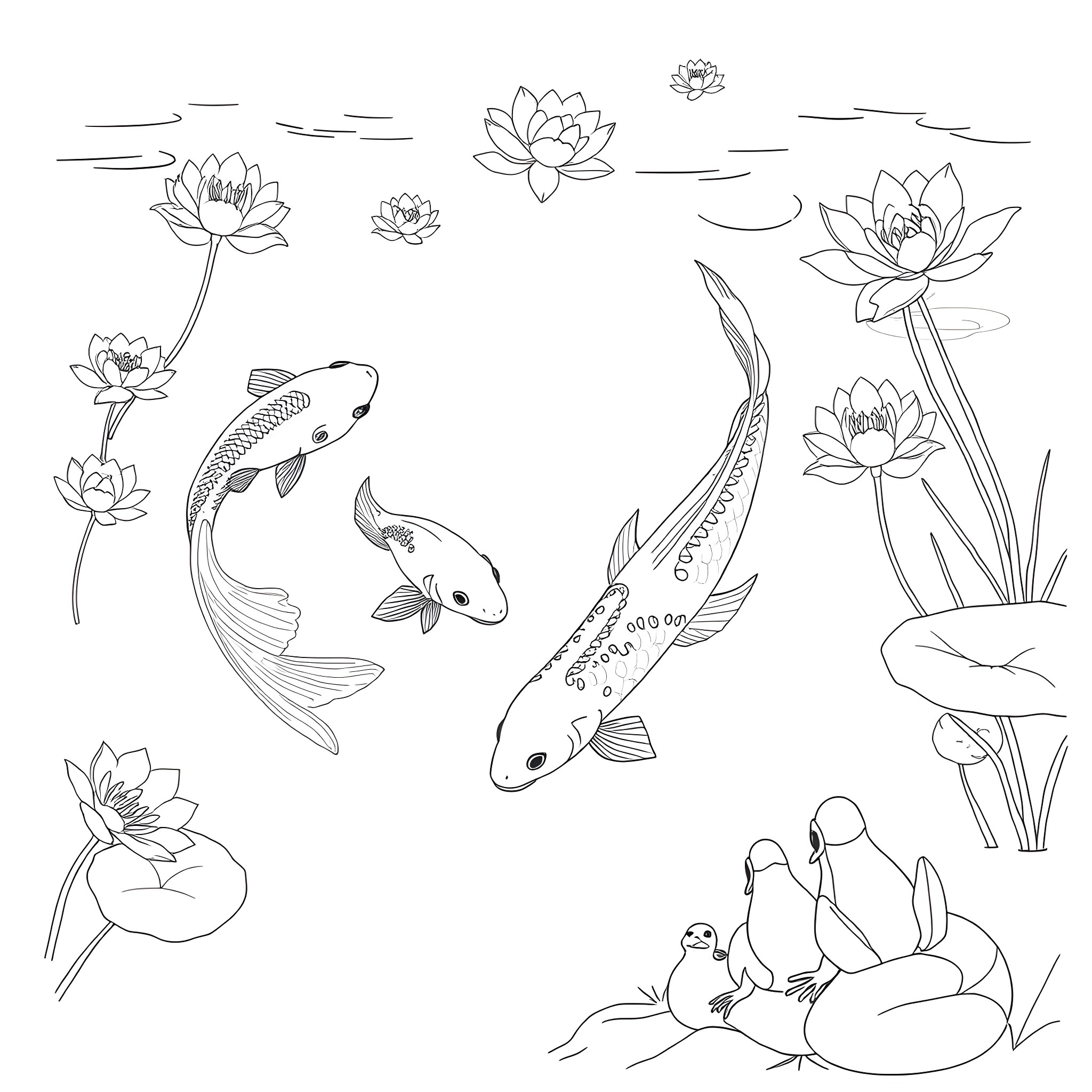 Koi Fish swimming and playing among lotus flowers Coloring Page (free black-and-white line drawing printable PDF for all, from beginners to advanced learners, including children, teens, adults, and seniors)