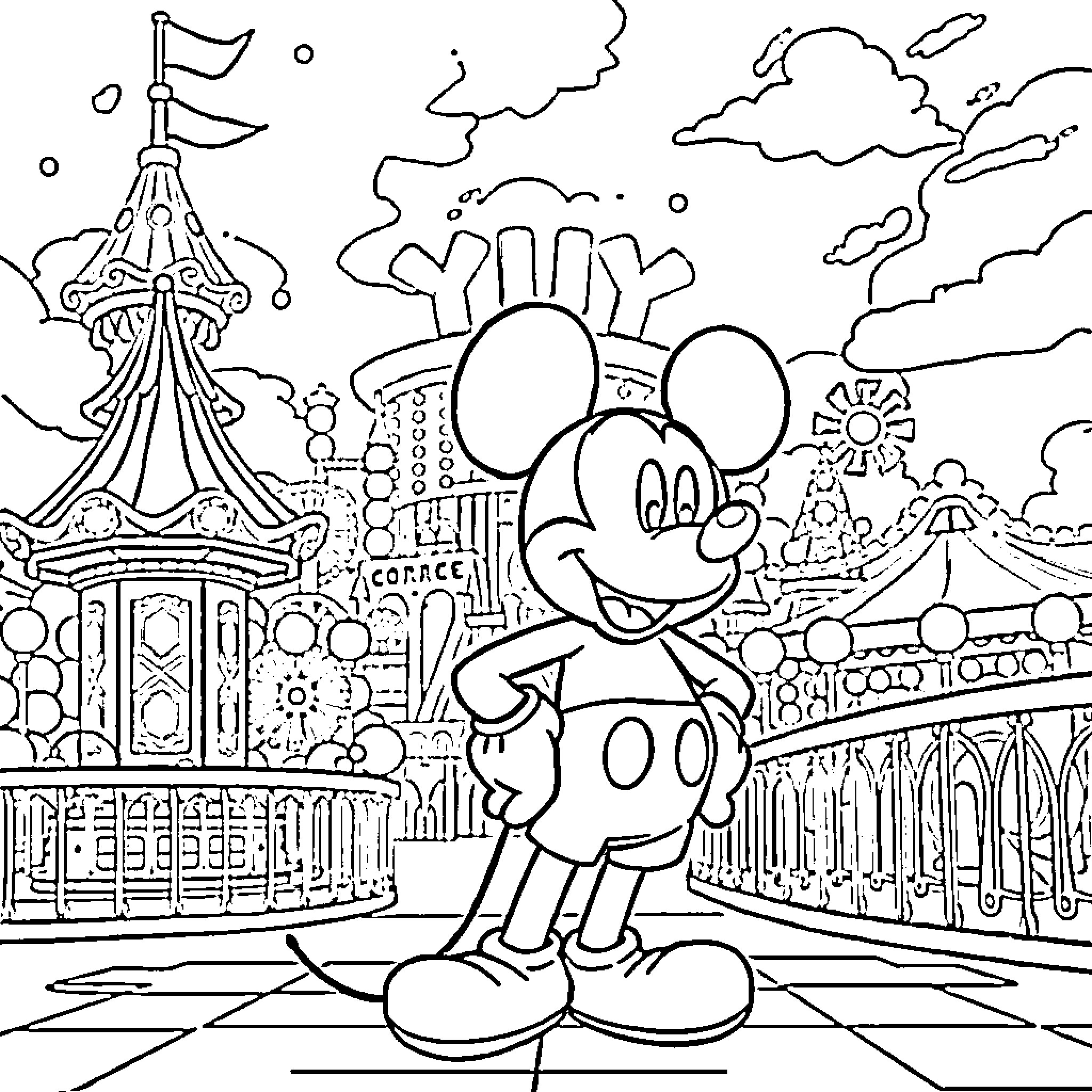 Mickey exploring the enchanting Disney theme park Coloring Page (free black-and-white line drawing printable PDF for all, from beginners to advanced learners, including children, teens, adults, and seniors)