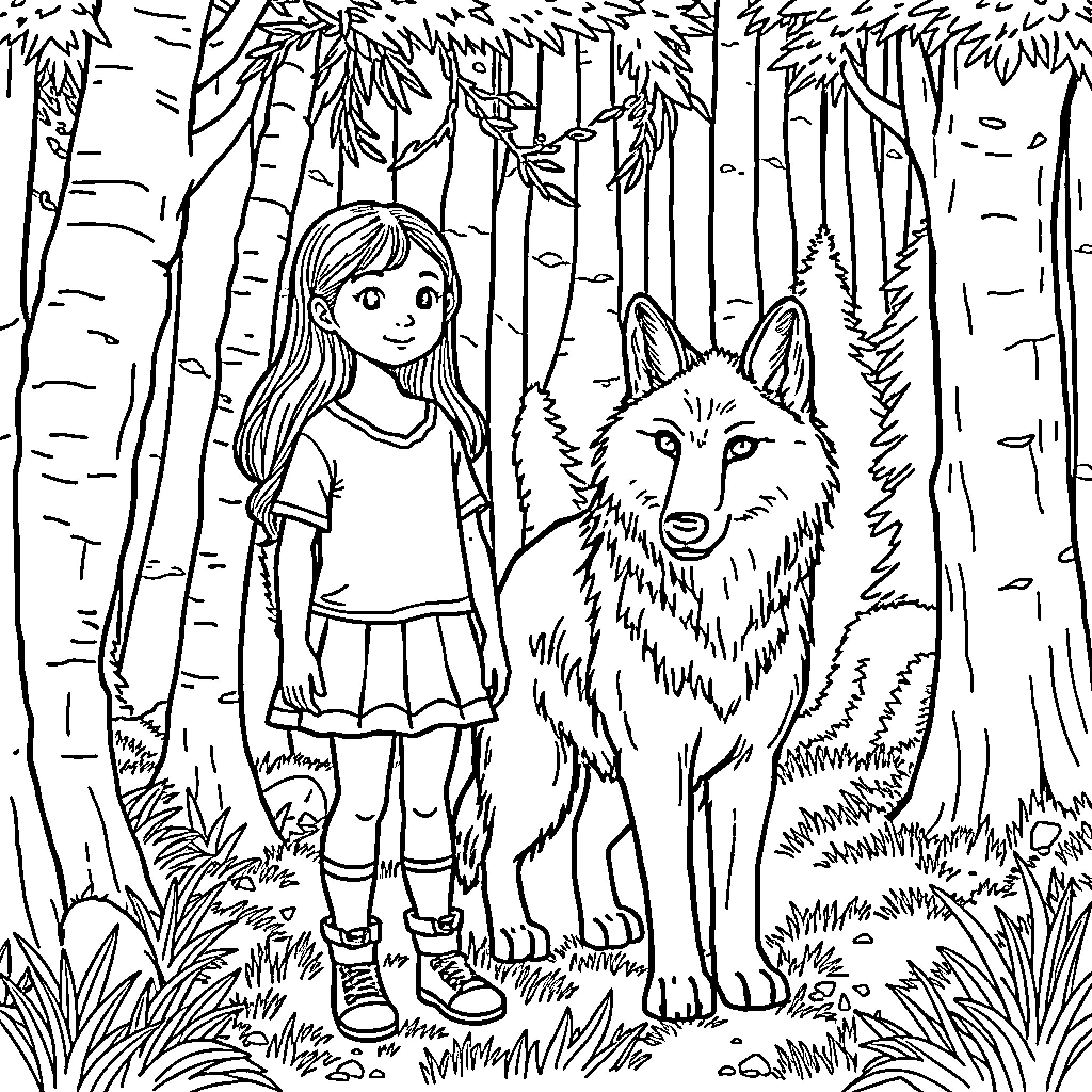 Wolf and Girl Exploring the Forest Coloring Page (free black-and-white line drawing printable PDF for all, from beginners to advanced learners, including children, teens, adults, and seniors)
