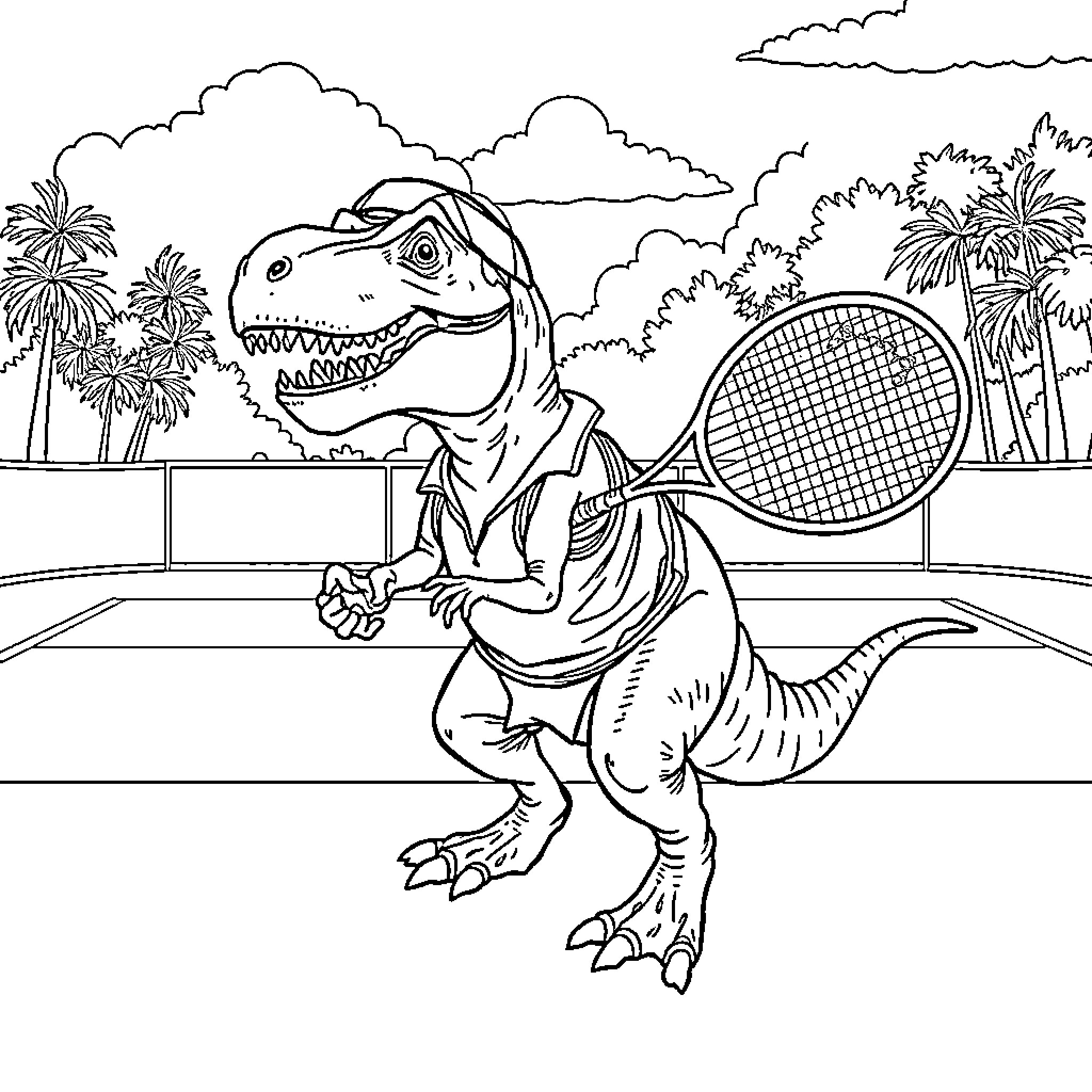 Tyrannosaurus playing tennis on the court Coloring Page (free black-and-white line drawing printable PDF for all, from beginners to advanced learners, including children, teens, adults, and seniors)