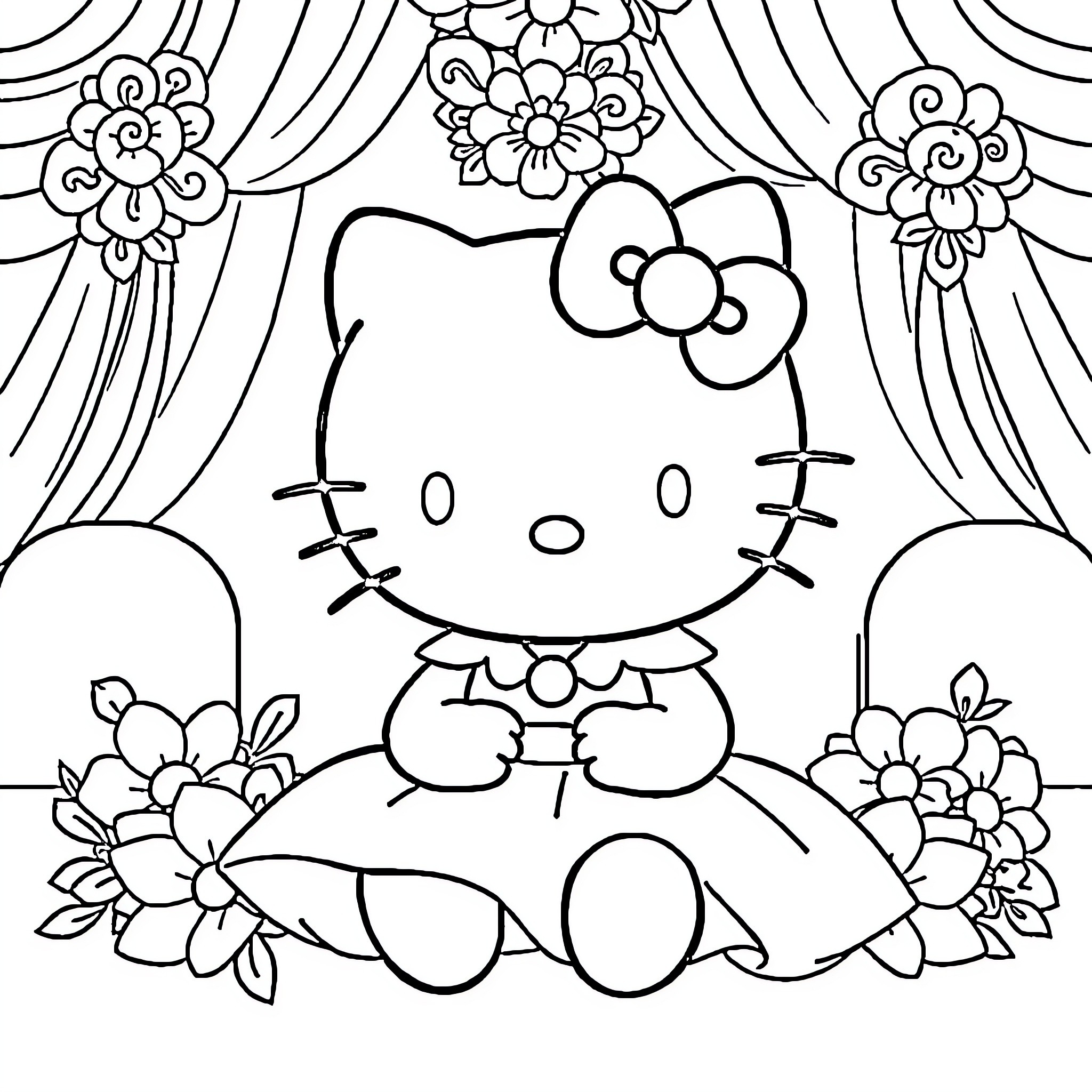 Hello Kitty in Floral Dress Coloring Page (free black-and-white line drawing printable PDF for all, from beginners to advanced learners, including children, teens, adults, and seniors)
