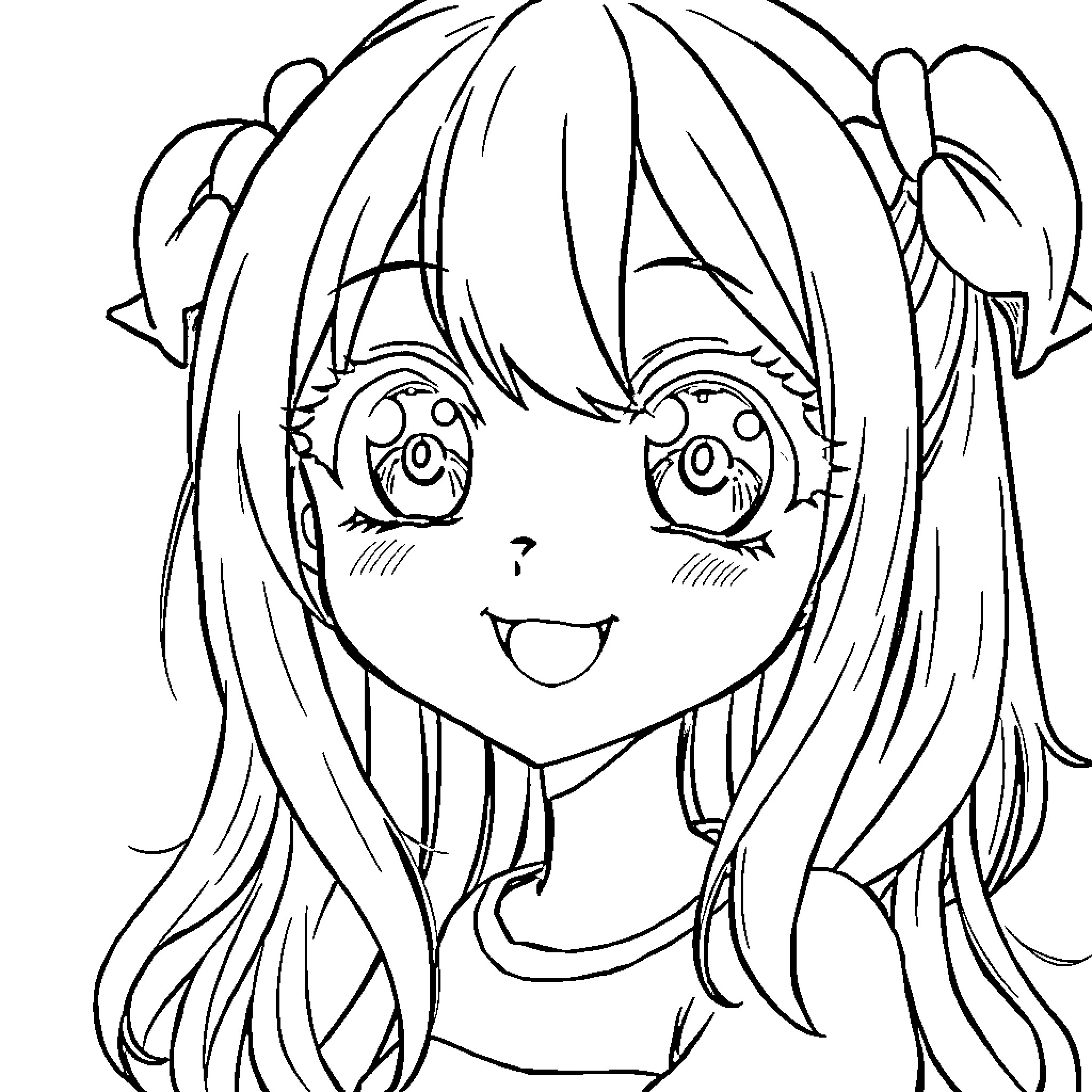 Anime Girl with Cheerful Expression Coloring Page (free black-and-white line drawing printable PDF for all, from beginners to advanced learners, including children, teens, adults, and seniors)