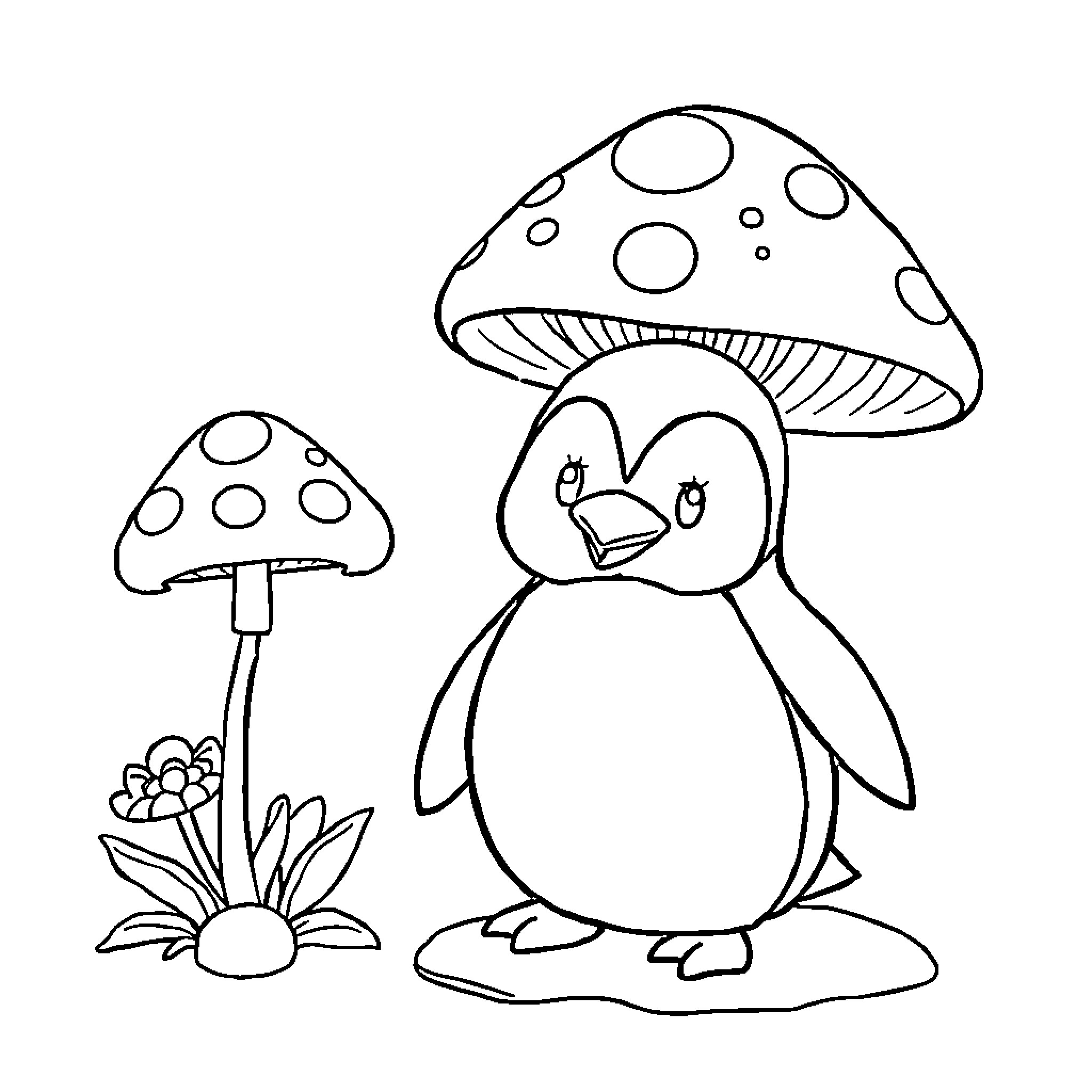Penguin with mushrooms in nature Coloring Page (free black-and-white line drawing printable PDF for all, from beginners to advanced learners, including children, teens, adults, and seniors)