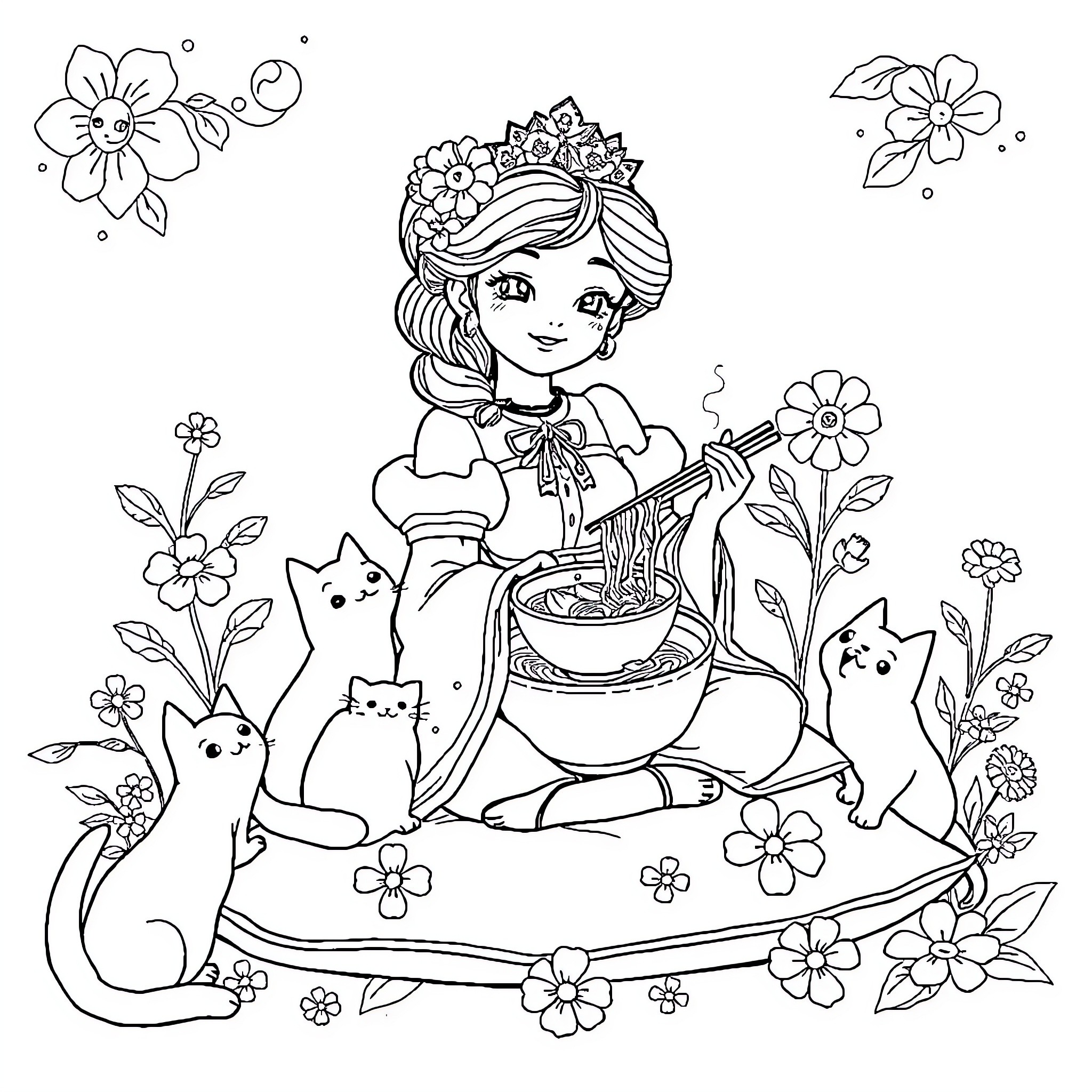 Princess cooking with her feline friends in a floral garden Coloring Page (free black-and-white line drawing printable PDF for all, from beginners to advanced learners, including children, teens, adults, and seniors)