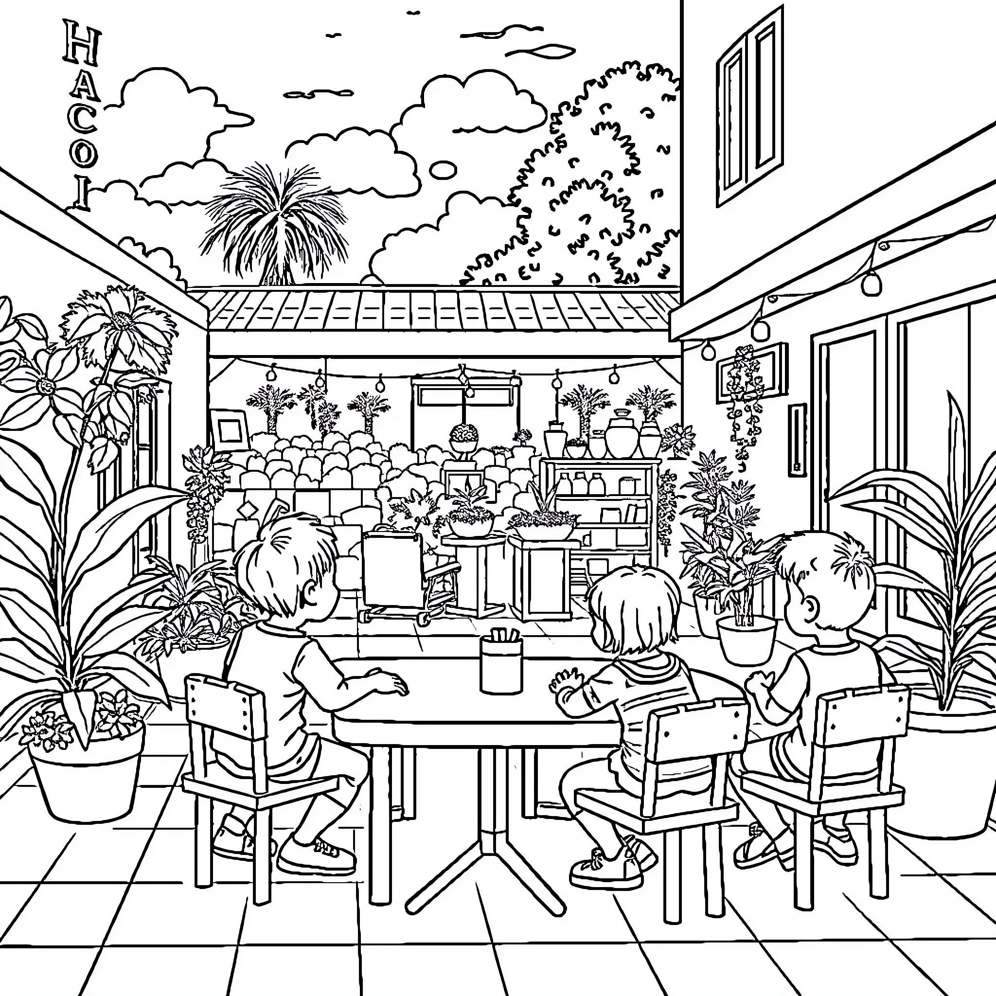 Bullying students in a school cafeteria Coloring Page (free black-and-white line drawing printable PDF for all, from beginners to advanced learners, including children, teens, adults, and seniors)
