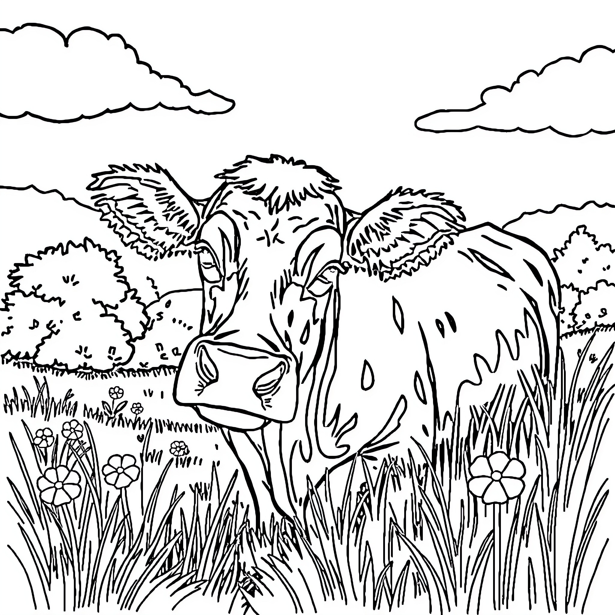 Cow grazing peacefully in the meadow Coloring Page (free black-and-white line drawing printable PDF for all, from beginners to advanced learners, including children, teens, adults, and seniors)