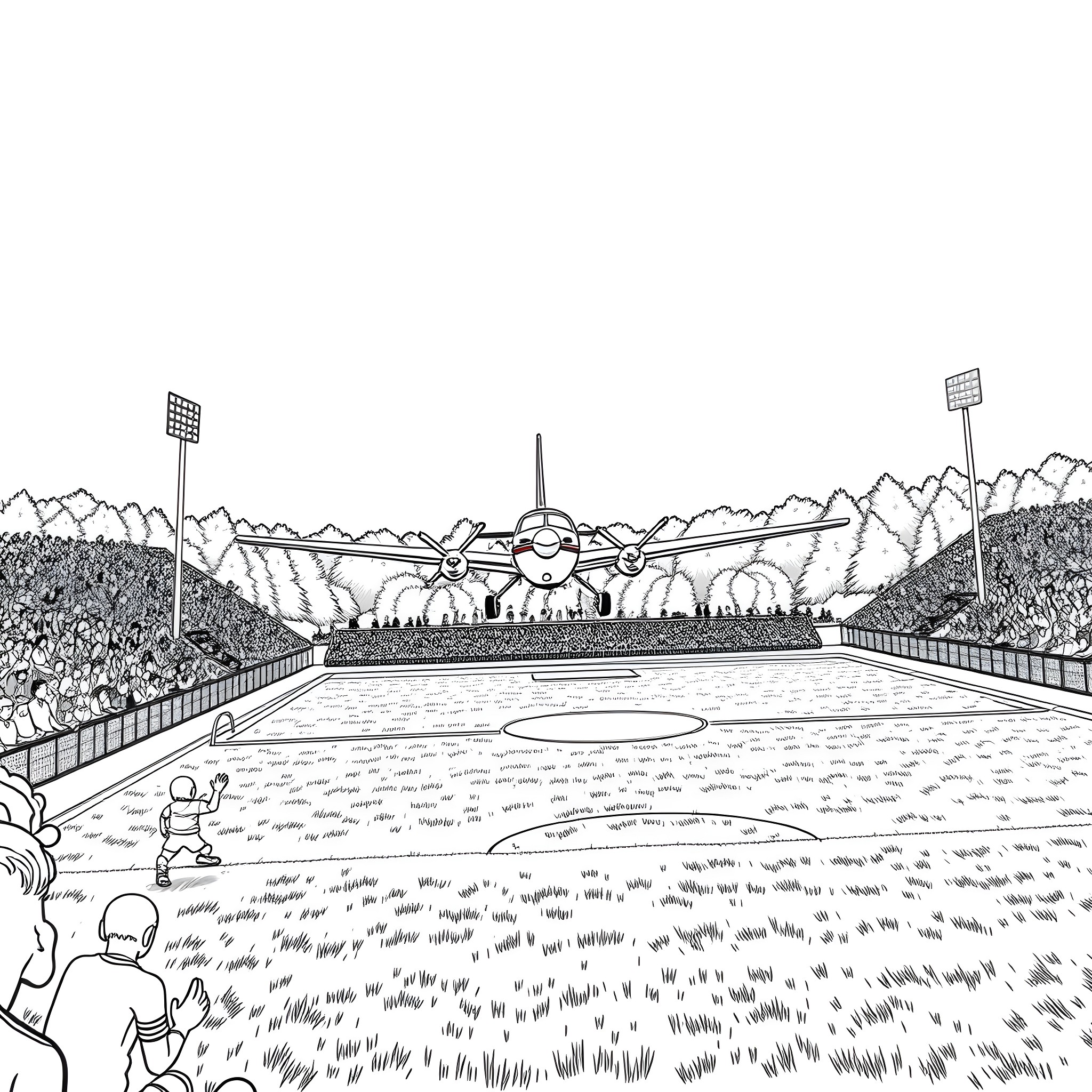 Cessna aircraft taking off from sports stadium Coloring Page (free black-and-white line drawing printable PDF for all, from beginners to advanced learners, including children, teens, adults, and seniors)