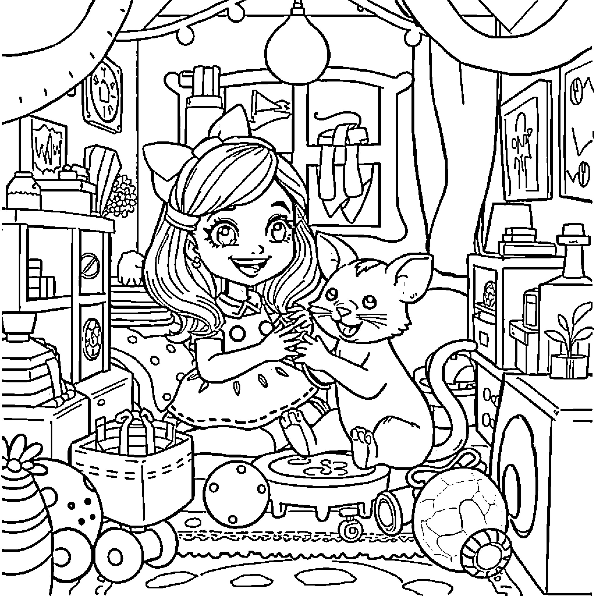 Gabby's Cozy Crafting Retreat with Feline Friend Coloring Page (free black-and-white line drawing printable PDF for all, from beginners to advanced learners, including children, teens, adults, and seniors)