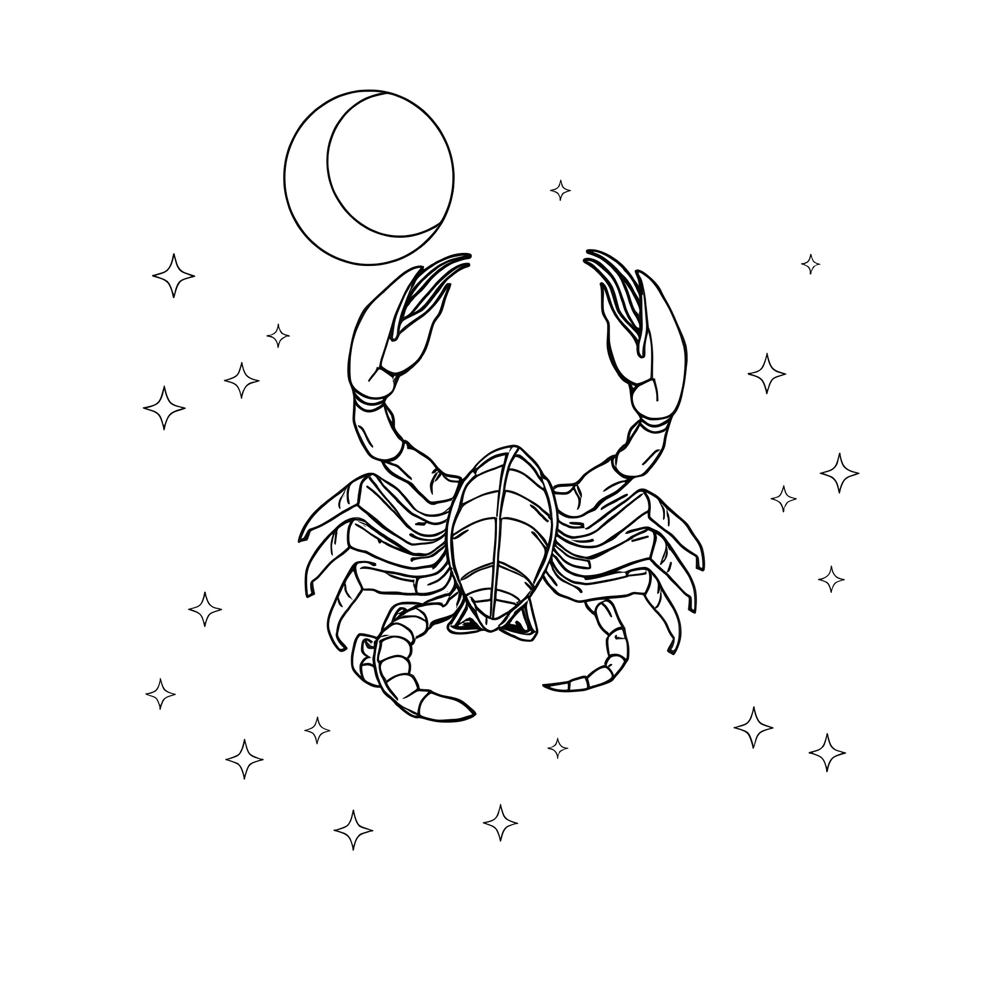 Scorpio with celestial motifs in starry sky Coloring Page (free black-and-white line drawing printable PDF for all, from beginners to advanced learners, including children, teens, adults, and seniors)