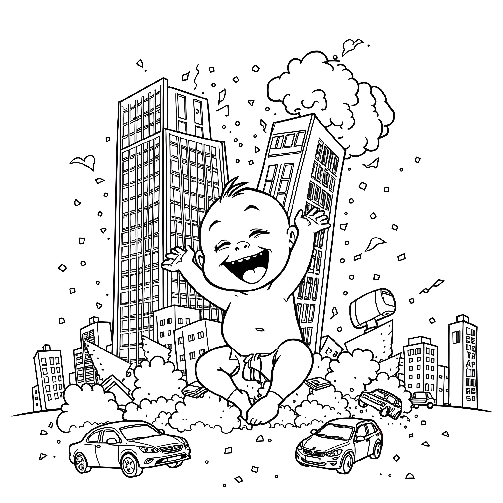 Baby enjoying the city life Coloring Page (free black-and-white line drawing printable PDF for all, from beginners to advanced learners, including children, teens, adults, and seniors)