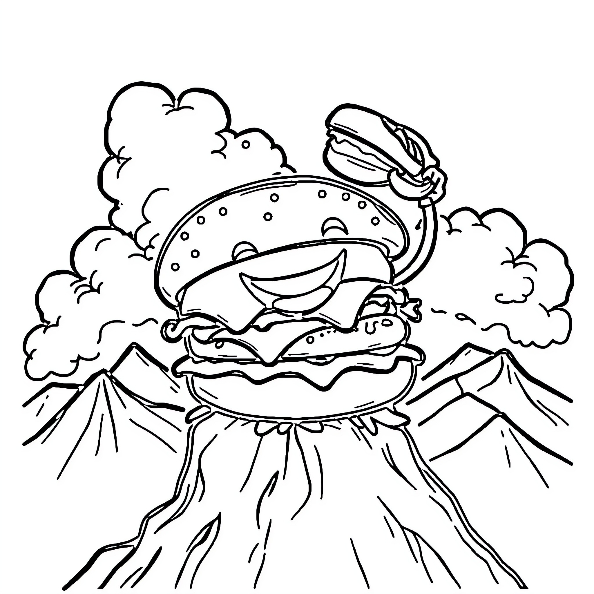 Cheese Burger flying over the mountains Coloring Page (free black-and-white line drawing printable PDF for all, from beginners to advanced learners, including children, teens, adults, and seniors)